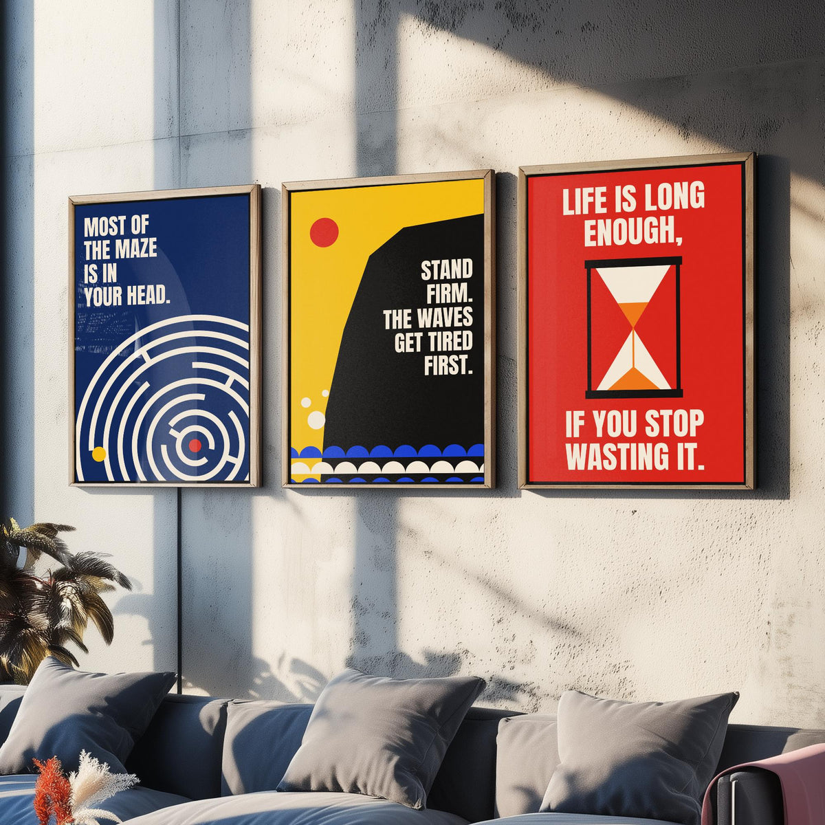 Philosophy Quotes Set of Three Art Prints - 3 Retro Bauhaus Stoic Posters - Minimalist Office Wall Art Illustration V2