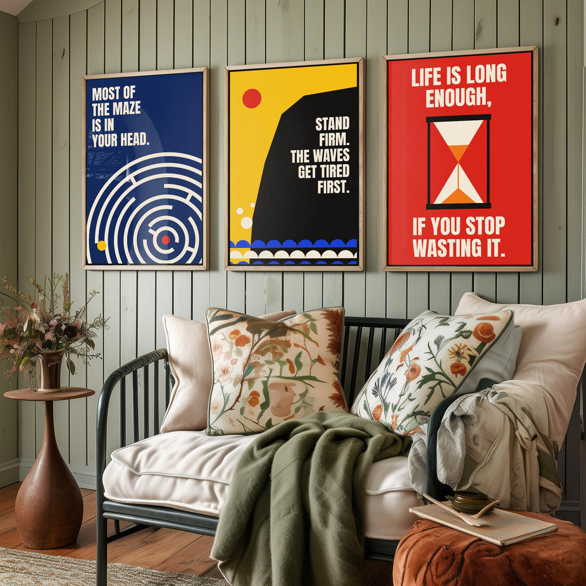 Philosophy Quotes Set of Three Art Prints - 3 Retro Bauhaus Stoic Posters - Minimalist Office Wall Art Illustration V2