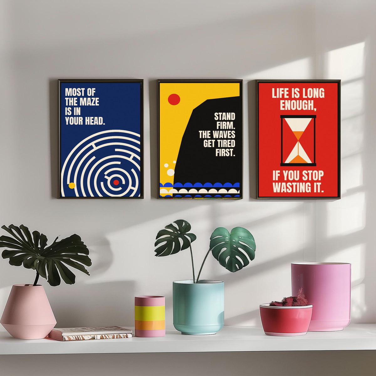 Philosophy Quotes Set of Three Art Prints - 3 Retro Bauhaus Stoic Posters - Minimalist Office Wall Art Illustration V2