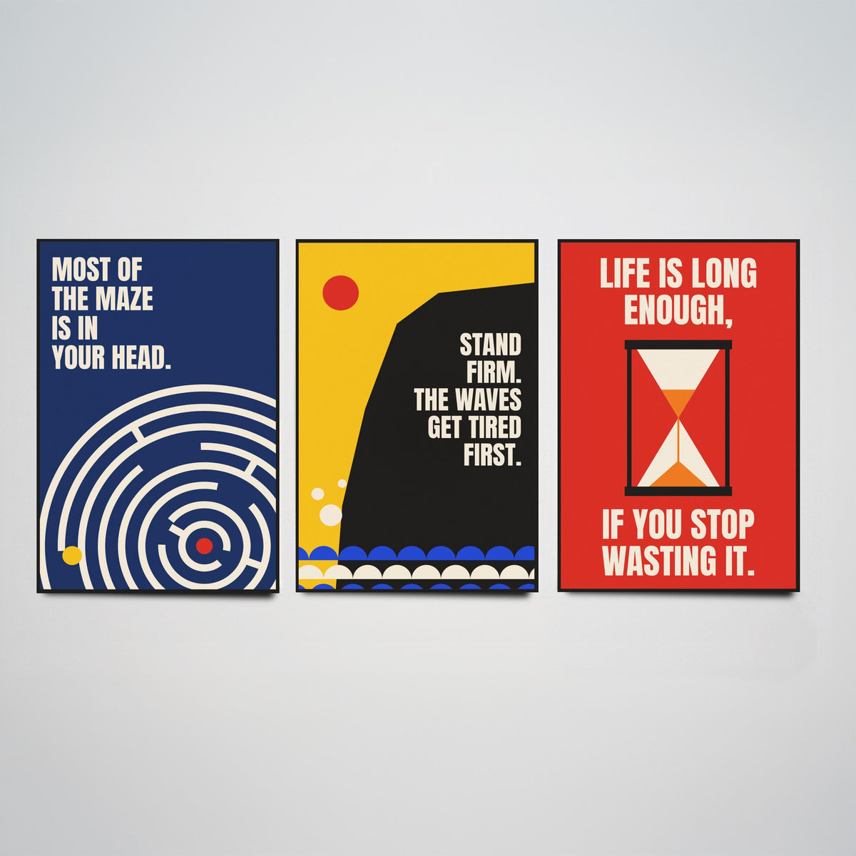 Philosophy Quotes Set of Three Art Prints - 3 Retro Bauhaus Stoic Posters - Minimalist Office Wall Art Illustration V2