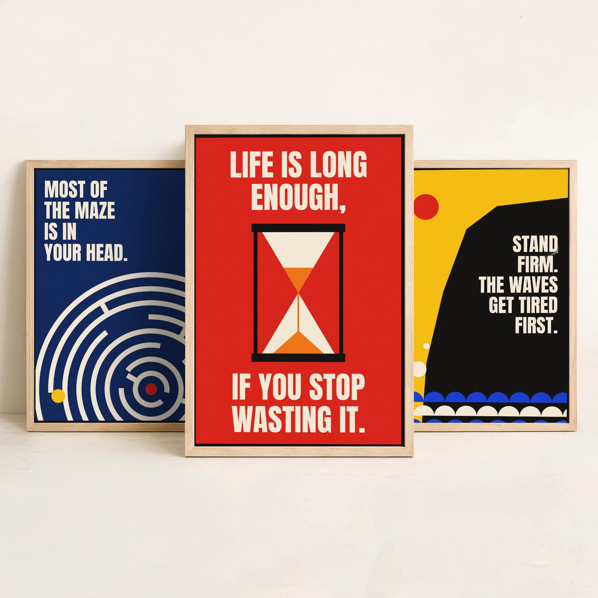 Philosophy Quotes Set of Three Art Prints - 3 Retro Bauhaus Stoic Posters - Minimalist Office Wall Art Illustration V2