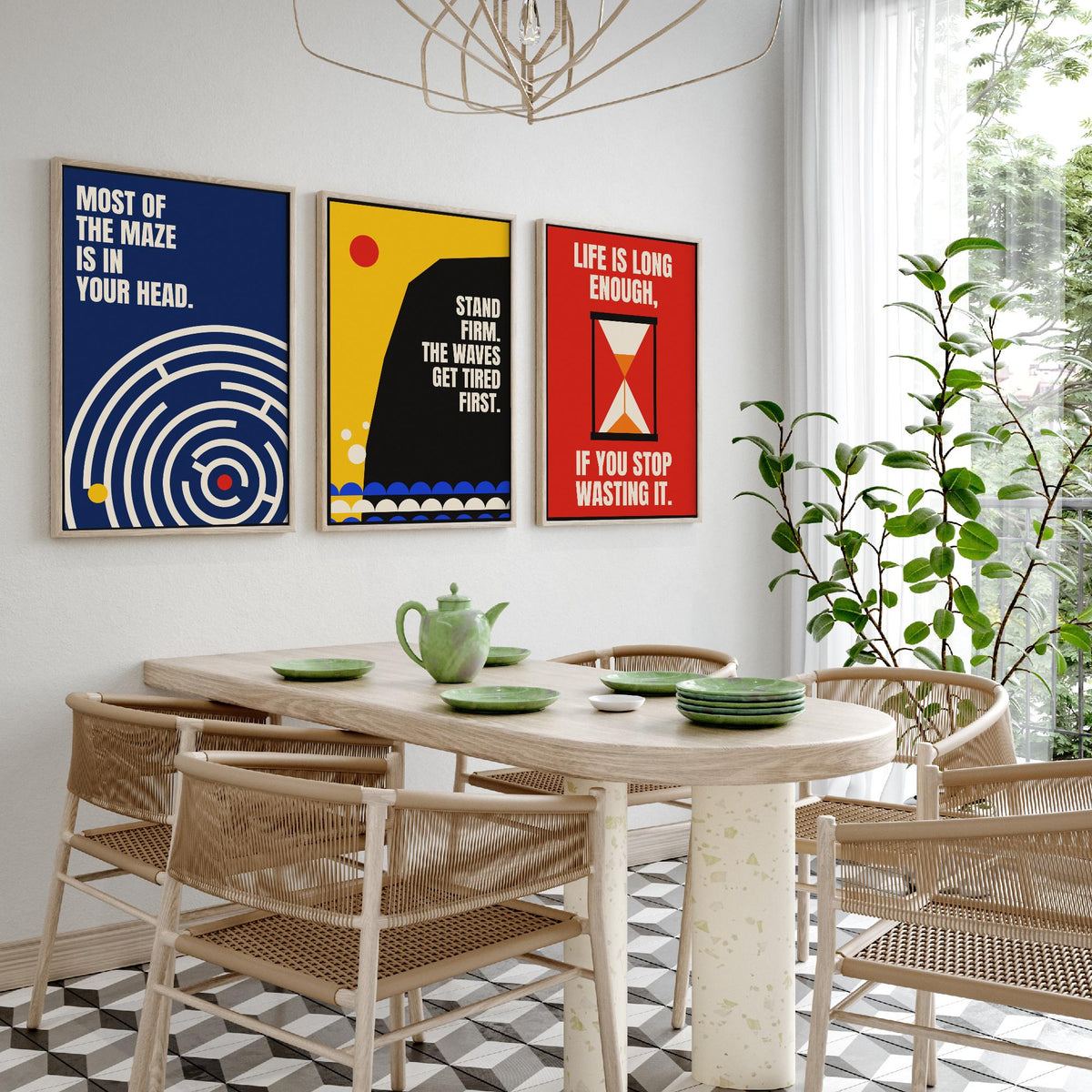 Philosophy Quotes Set of Three Art Prints - 3 Retro Bauhaus Stoic Posters - Minimalist Office Wall Art Illustration V2