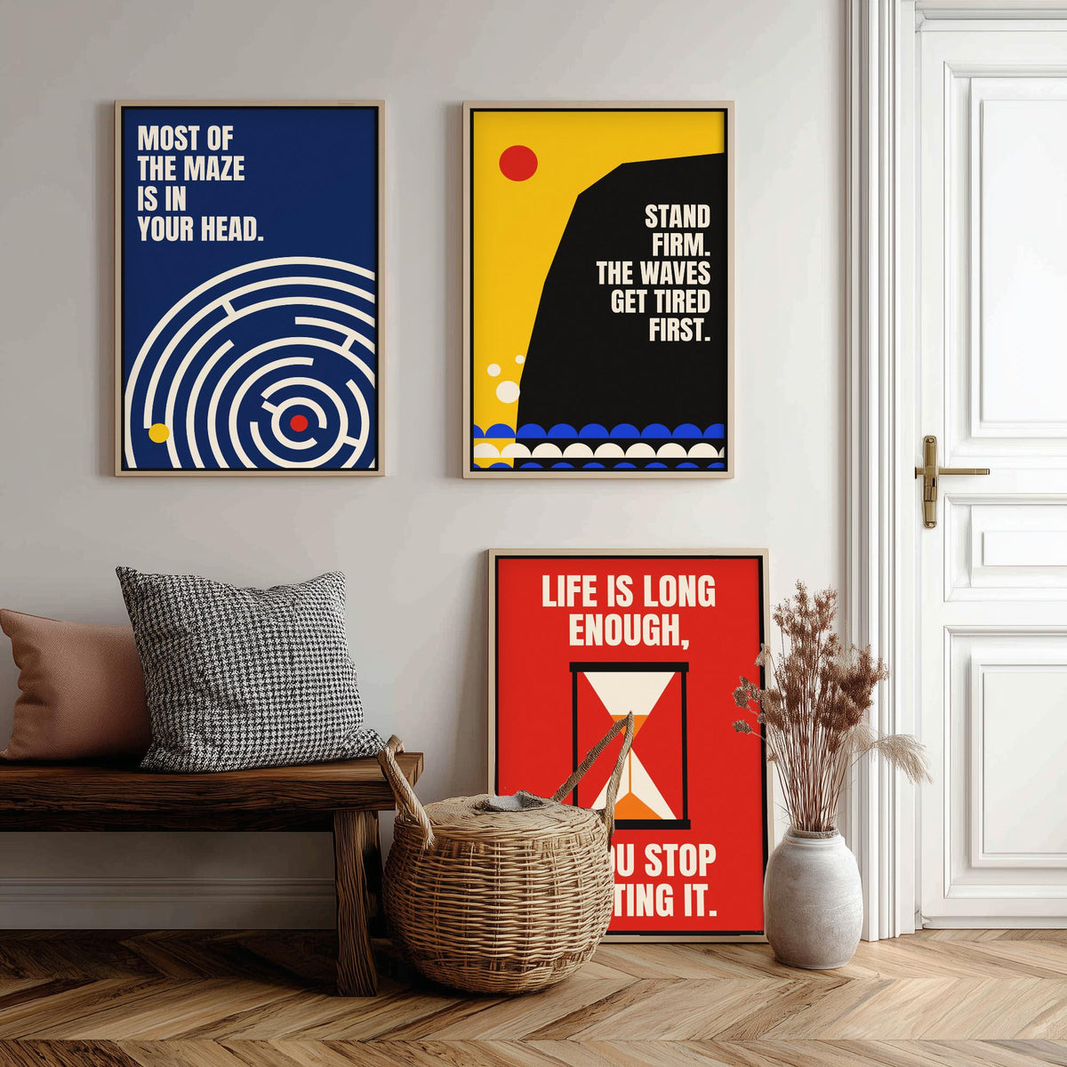 Philosophy Quotes Set of Three Art Prints - 3 Retro Bauhaus Stoic Posters - Minimalist Office Wall Art Illustration V2