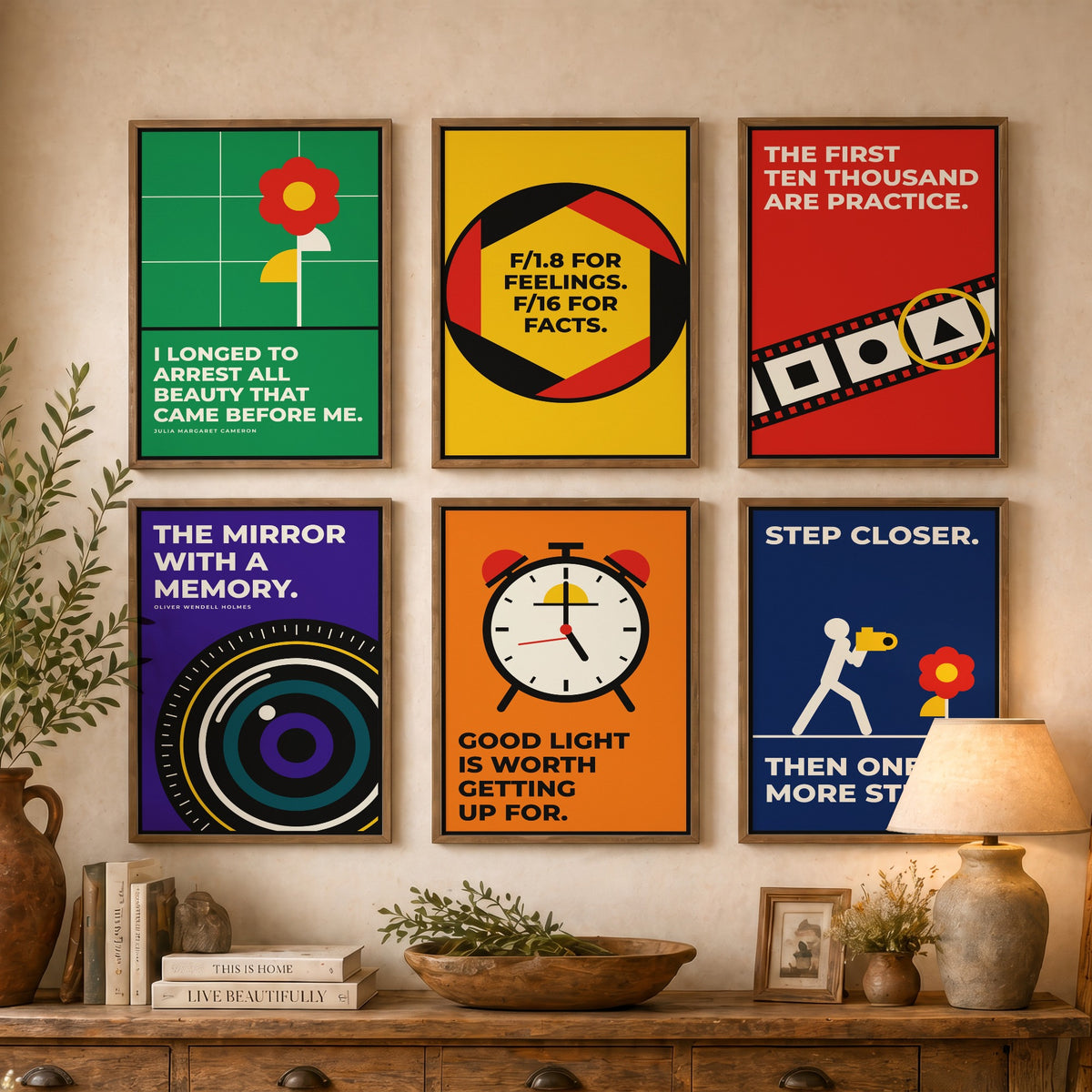 Set of Six Photography Quote Art Prints - 6 Bauhaus Photographer Posters - Minimalist Art Illustration - Aperture, Film, Lens