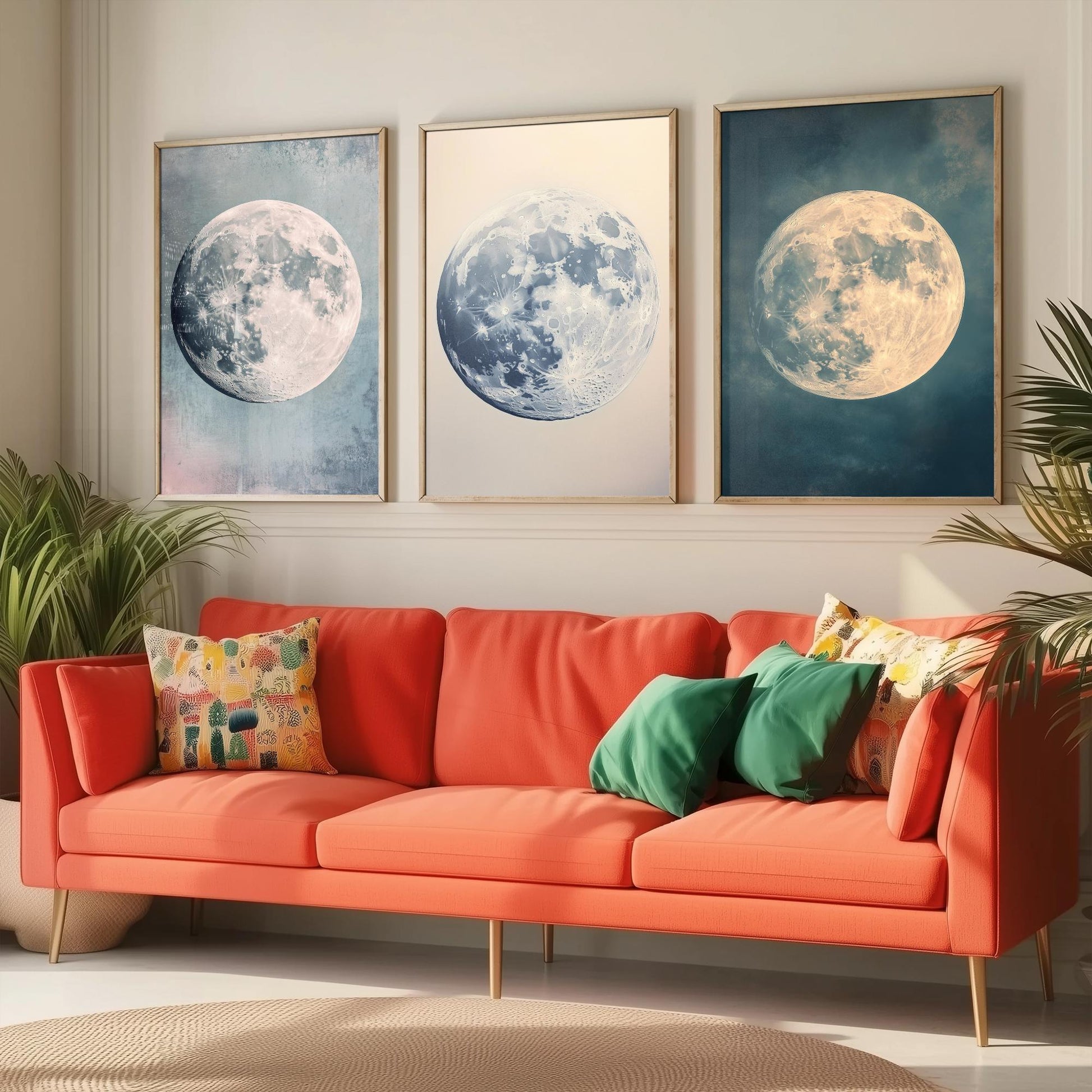 Full Moon Trio Set of Three Art Prints - 3 Photorealistic Moon Posters - Blue Cream Celestial Wall Art Astronomy Space Gift V1
