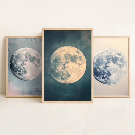 Full Moon Trio Set of Three Art Prints - 3 Photorealistic Moon Posters - Blue Cream Celestial Wall Art Astronomy Space Gift V1
