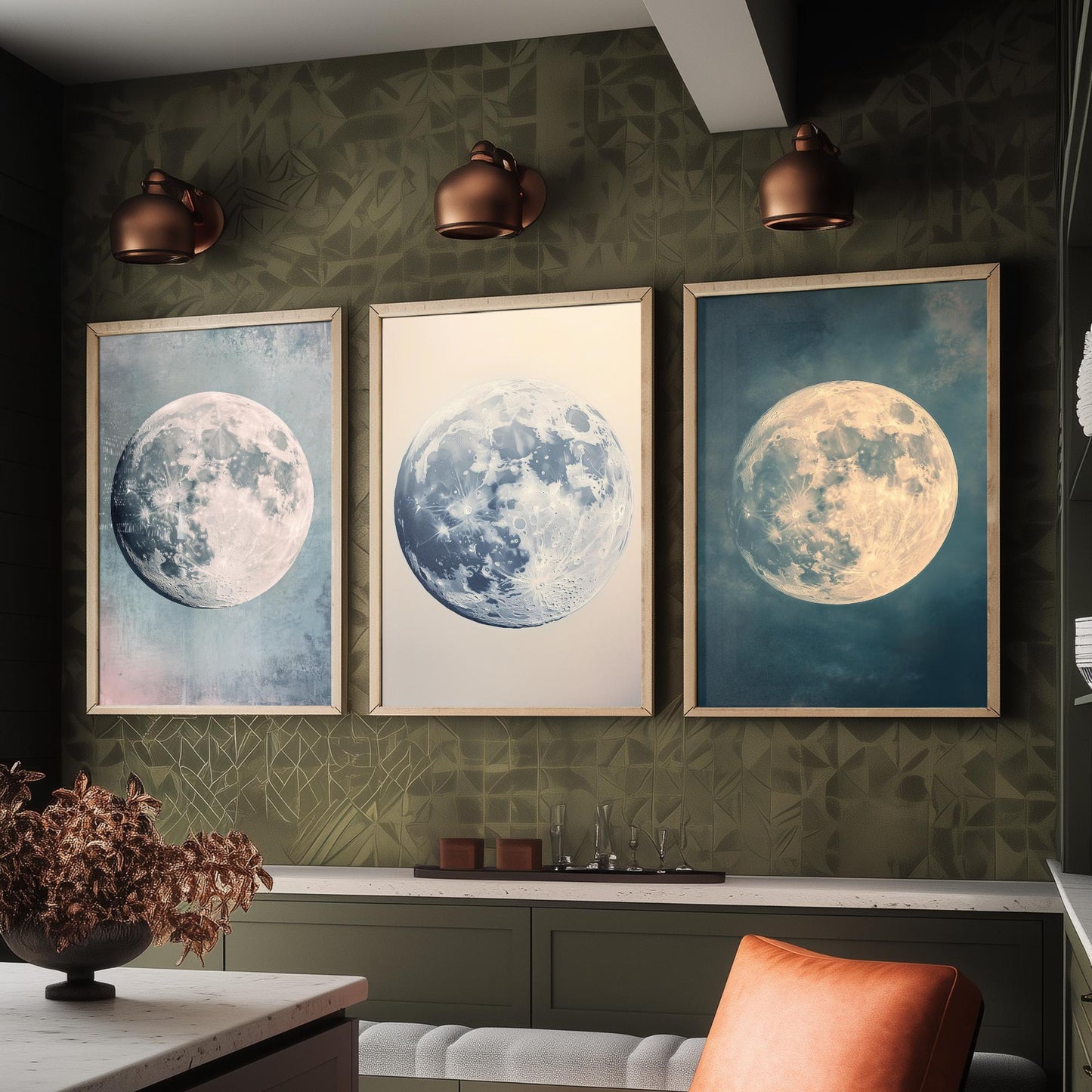 Full Moon Trio Set of Three Art Prints - 3 Photorealistic Moon Posters - Blue Cream Celestial Wall Art Astronomy Space Gift V1