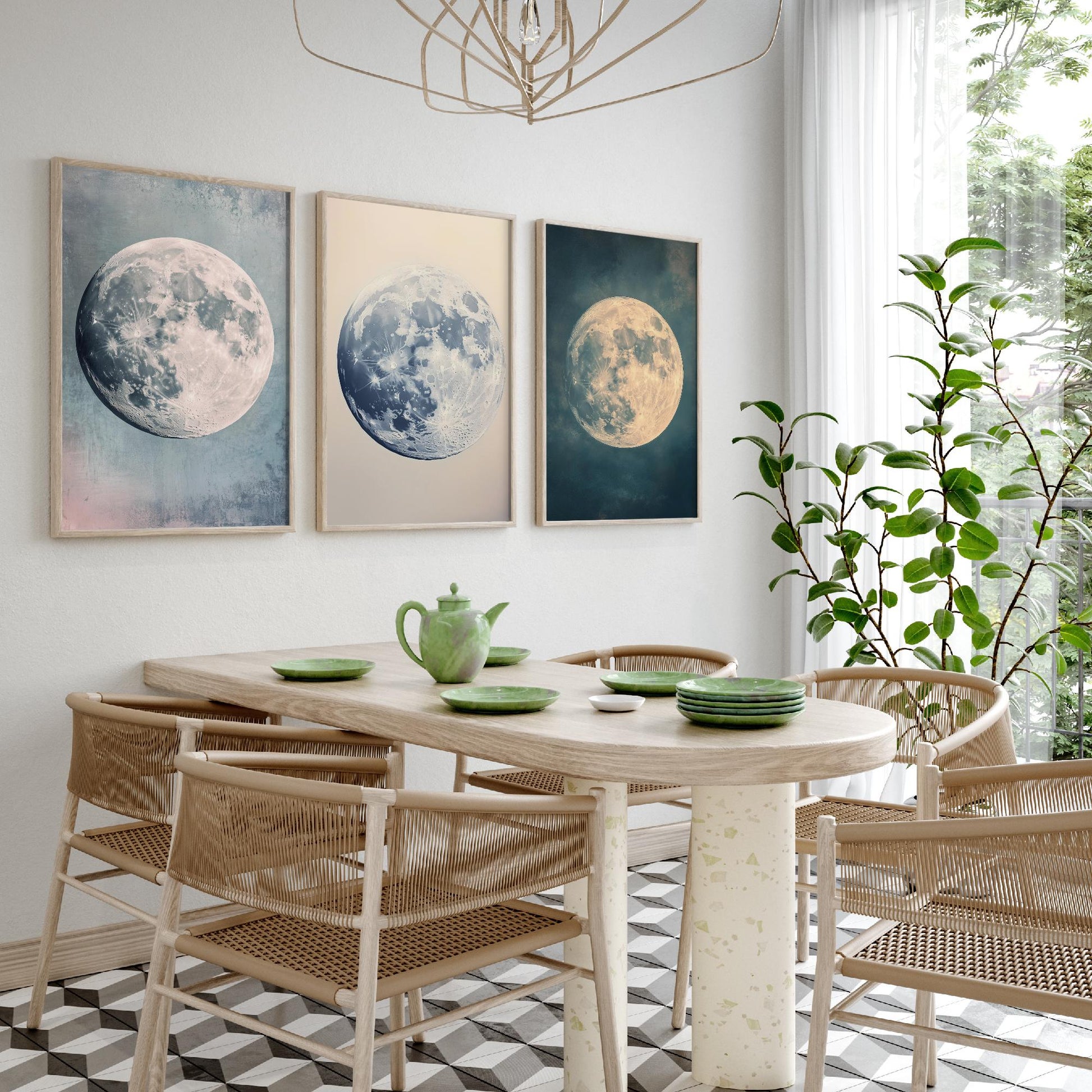 Full Moon Trio Set of Three Art Prints - 3 Photorealistic Moon Posters - Blue Cream Celestial Wall Art Astronomy Space Gift V1