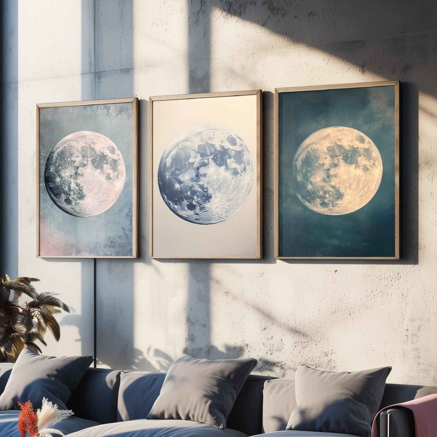 Full Moon Trio Set of Three Art Prints - 3 Photorealistic Moon Posters - Blue Cream Celestial Wall Art Astronomy Space Gift V1