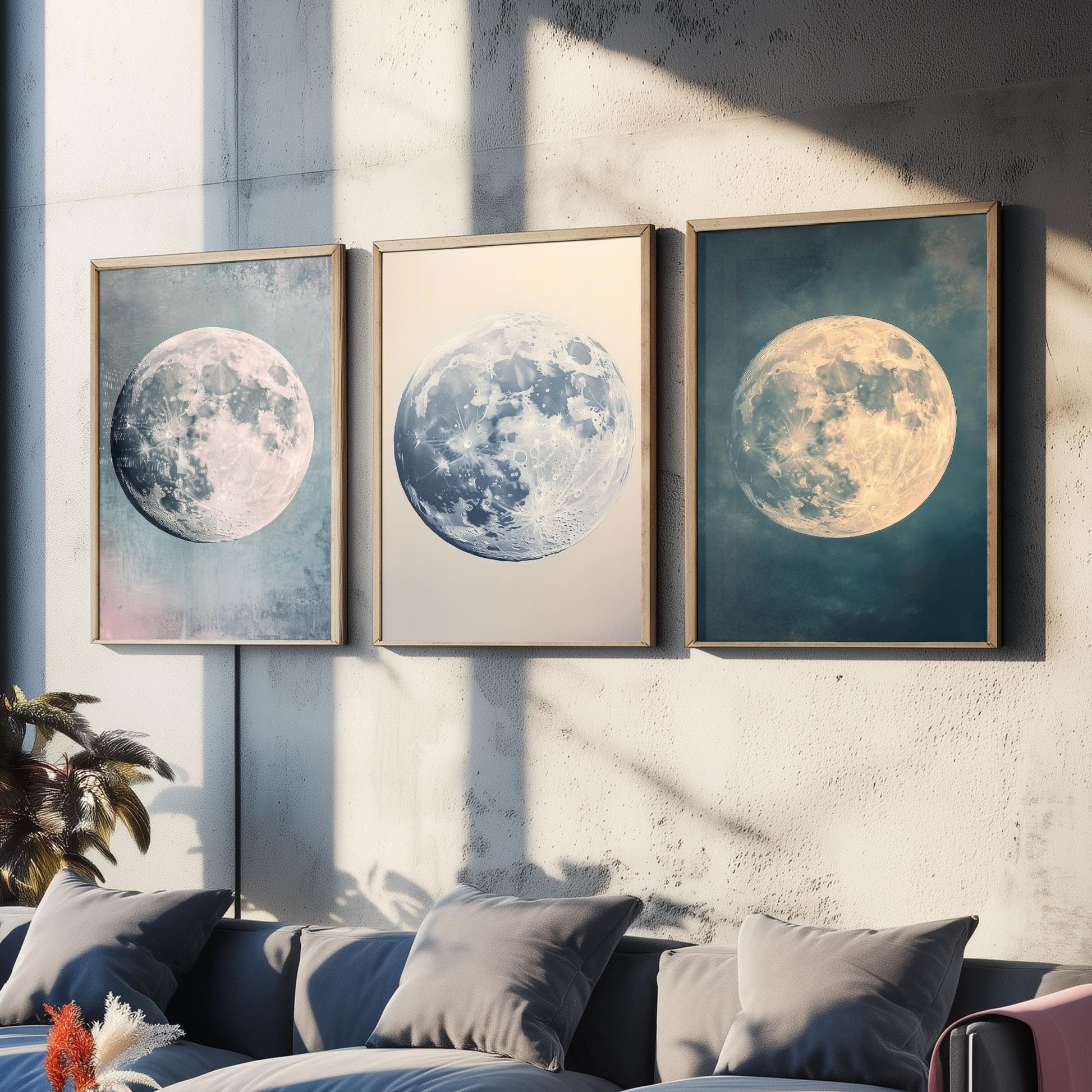 Full Moon Trio Set of Three Art Prints - 3 Photorealistic Moon Posters - Blue Cream Celestial Wall Art Astronomy Space Gift V1