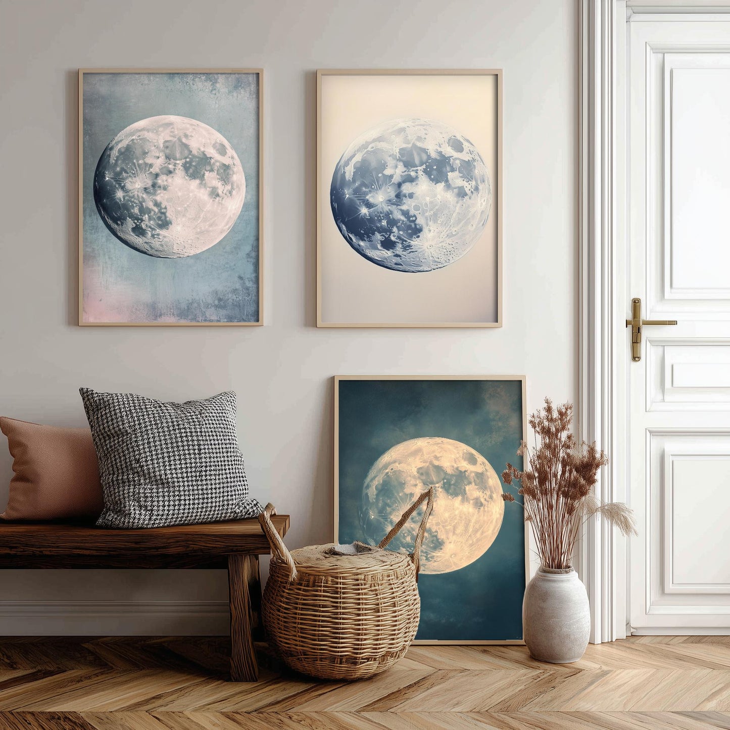 Full Moon Trio Set of Three Art Prints - 3 Photorealistic Moon Posters - Blue Cream Celestial Wall Art Astronomy Space Gift V1