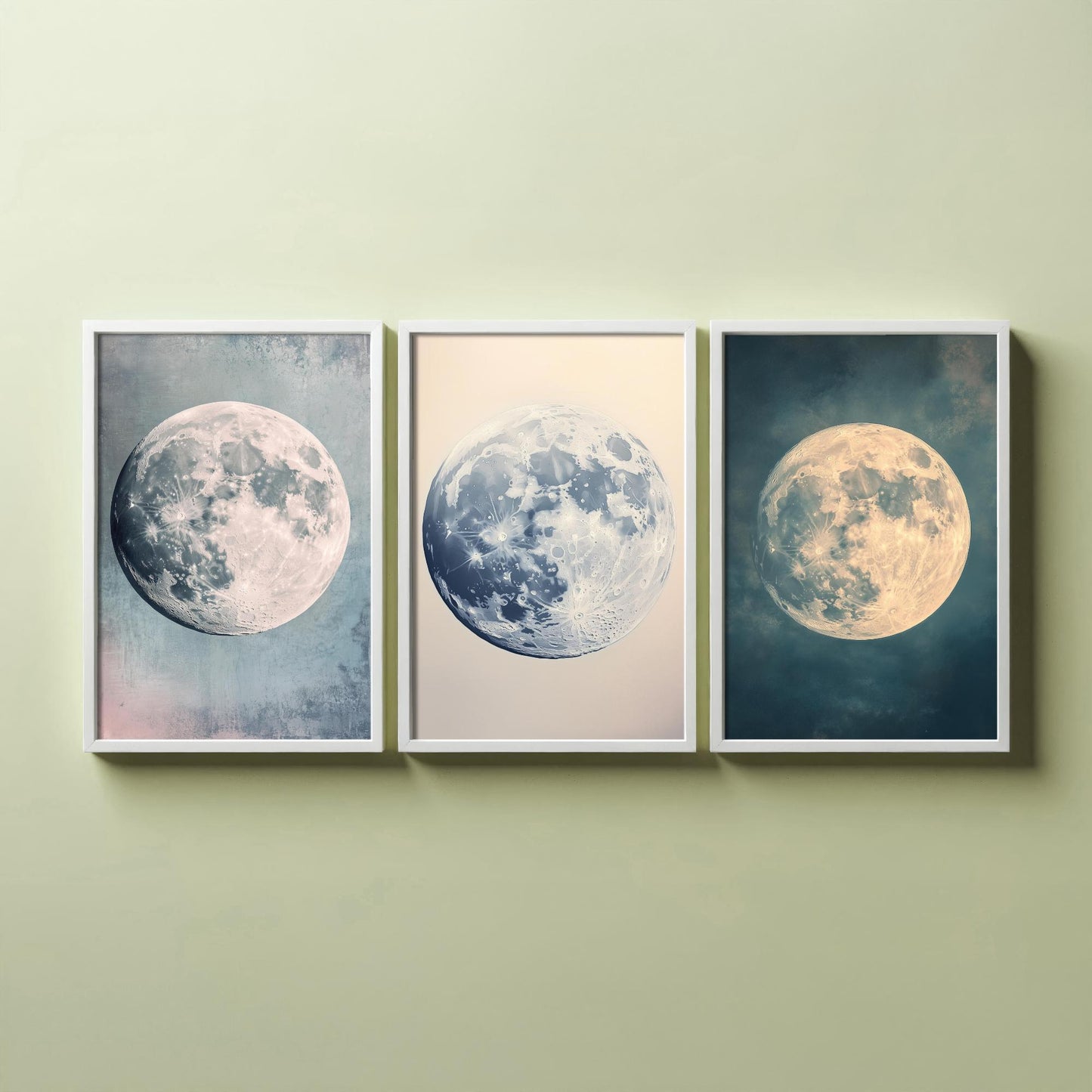 Full Moon Trio Set of Three Art Prints - 3 Photorealistic Moon Posters - Blue Cream Celestial Wall Art Astronomy Space Gift V1