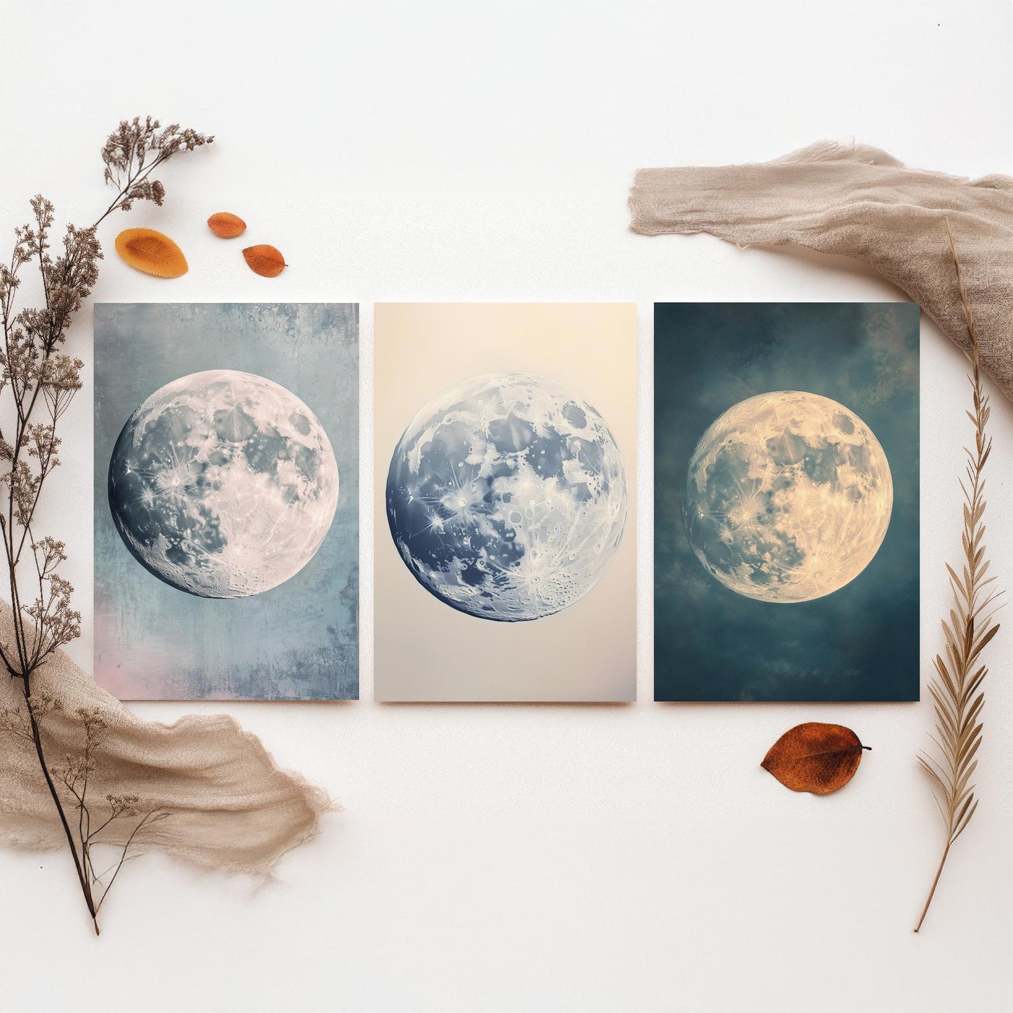 Full Moon Trio Set of Three Art Prints - 3 Photorealistic Moon Posters - Blue Cream Celestial Wall Art Astronomy Space Gift V1