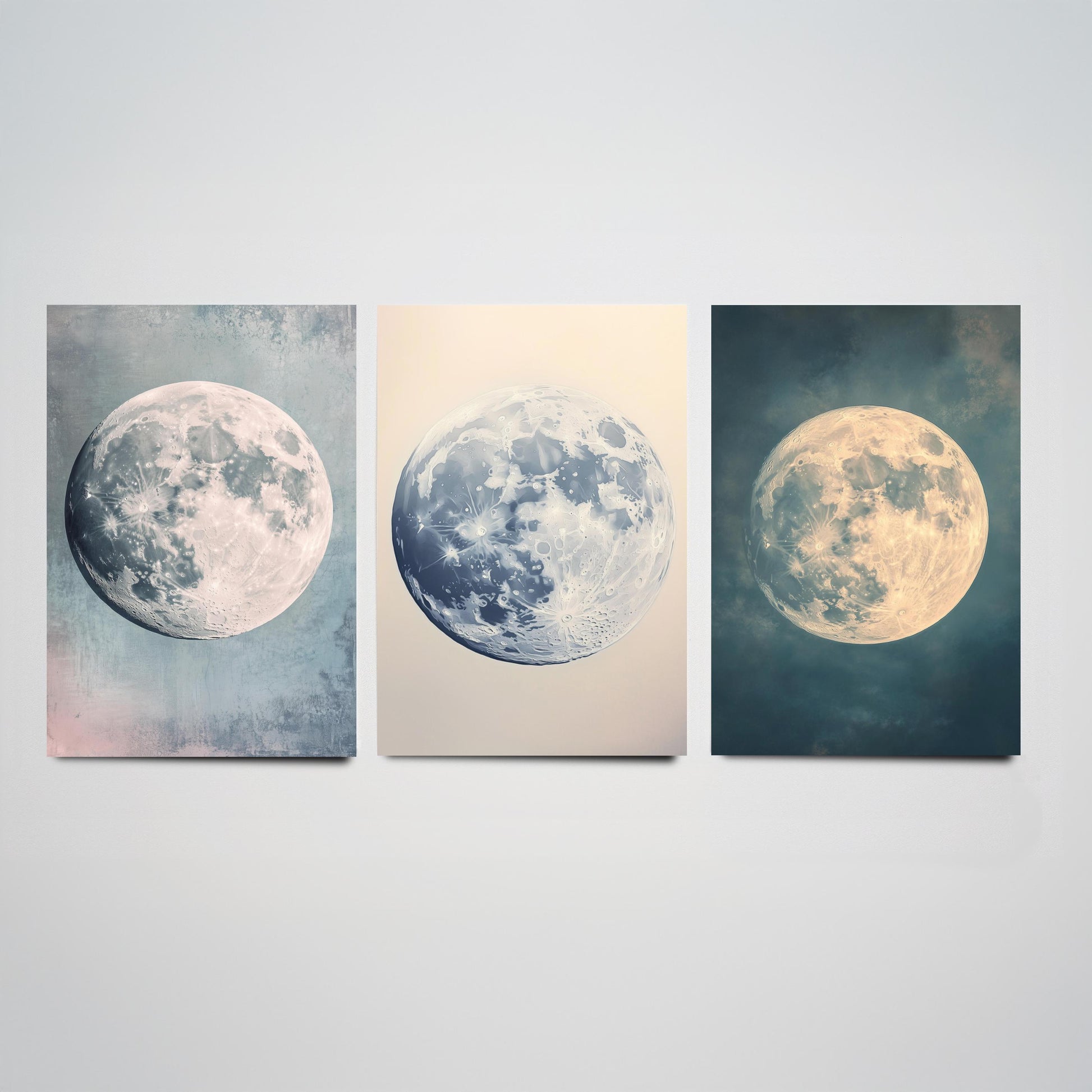 Full Moon Trio Set of Three Art Prints - 3 Photorealistic Moon Posters - Blue Cream Celestial Wall Art Astronomy Space Gift V1