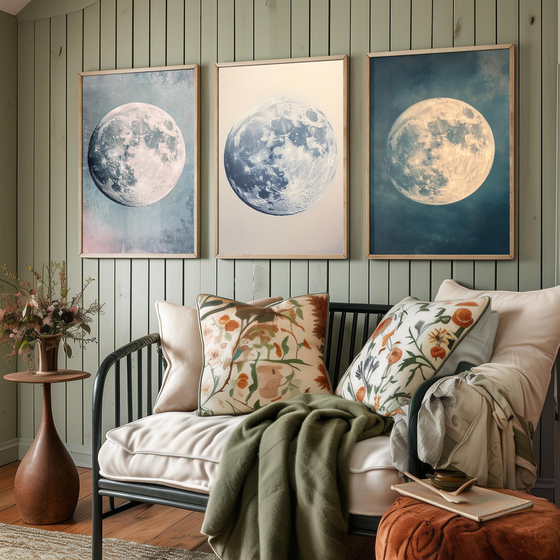 Full Moon Trio Set of Three Art Prints - 3 Photorealistic Moon Posters - Blue Cream Celestial Wall Art Astronomy Space Gift V1