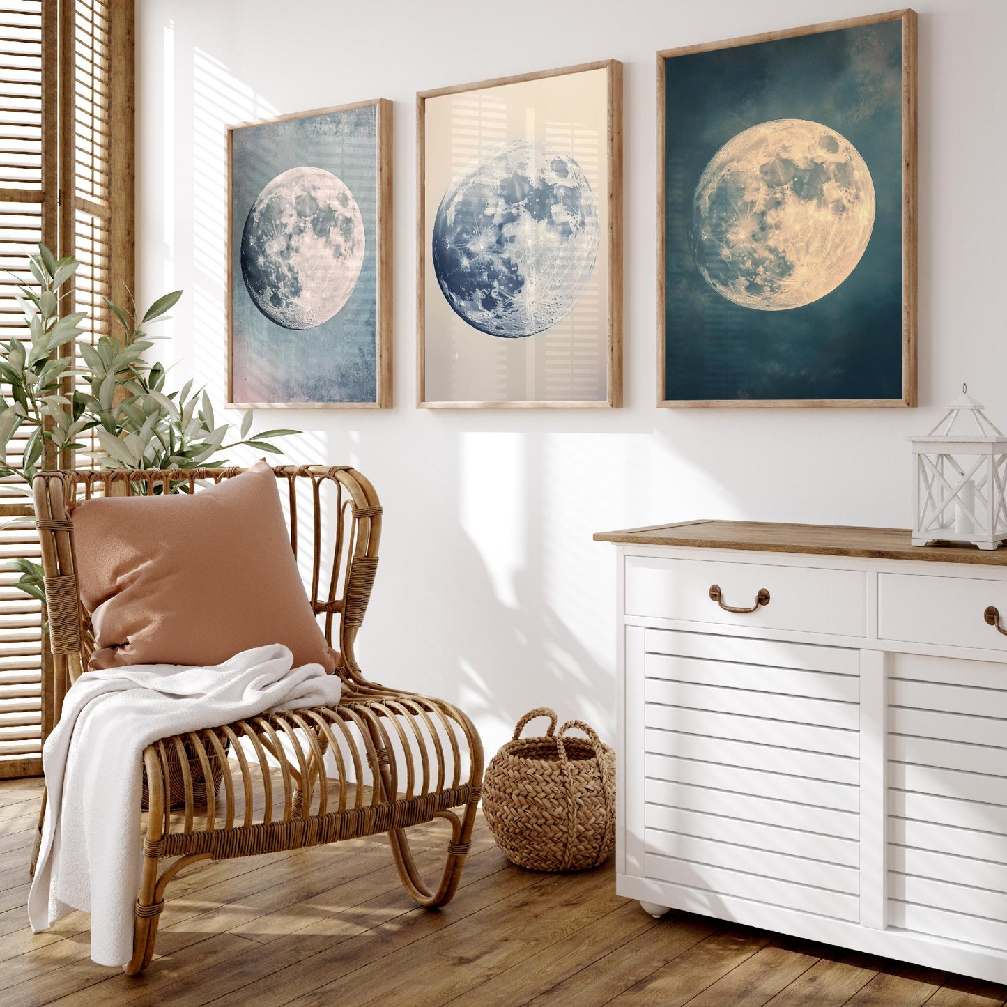 Full Moon Trio Set of Three Art Prints - 3 Photorealistic Moon Posters - Blue Cream Celestial Wall Art Astronomy Space Gift V1