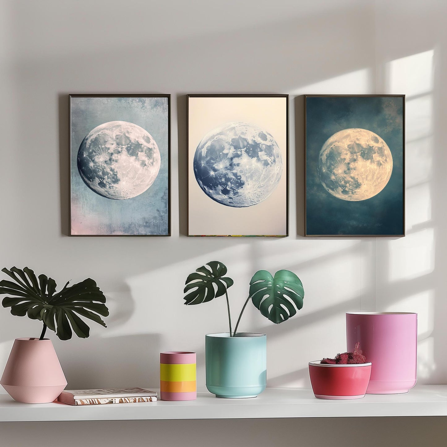 Full Moon Trio Set of Three Art Prints - 3 Photorealistic Moon Posters - Blue Cream Celestial Wall Art Astronomy Space Gift V1
