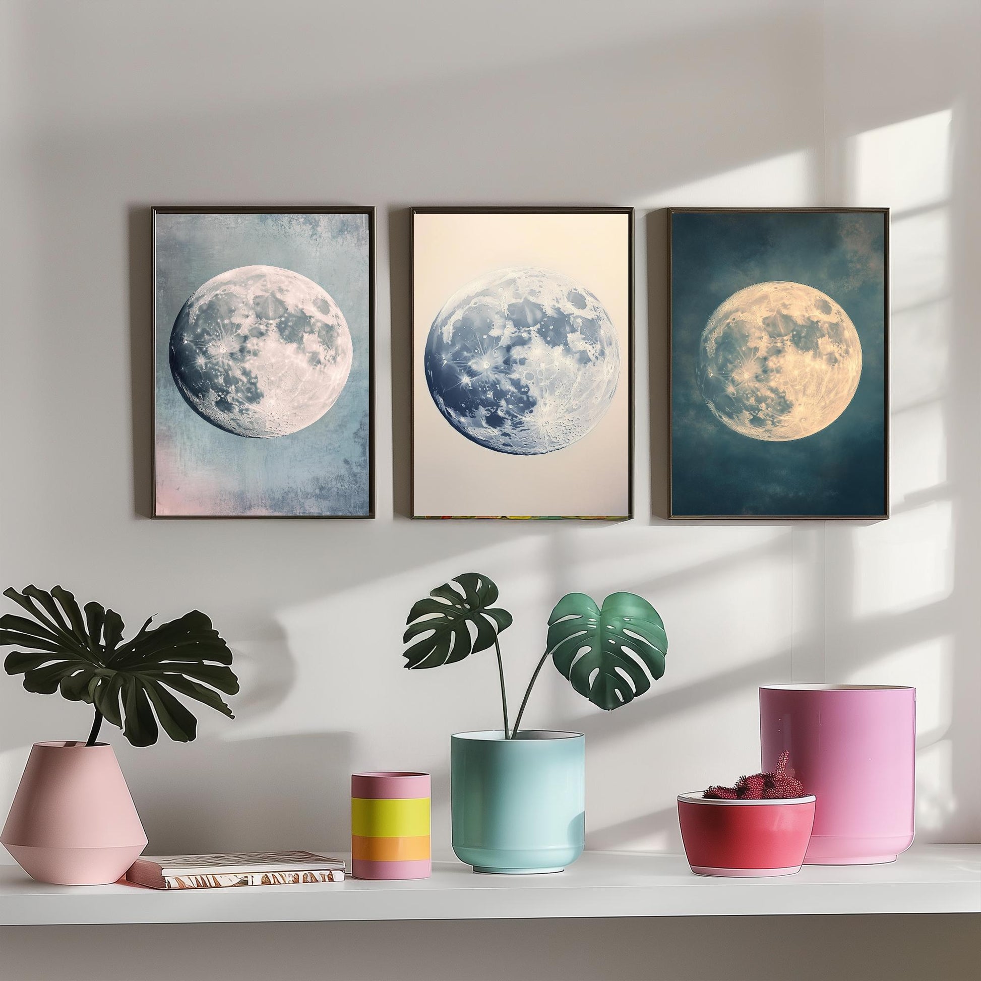 Full Moon Trio Set of Three Art Prints - 3 Photorealistic Moon Posters - Blue Cream Celestial Wall Art Astronomy Space Gift V1