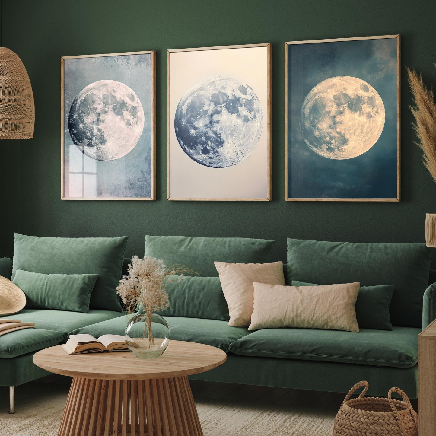 Full Moon Trio Set of Three Art Prints - 3 Photorealistic Moon Posters - Blue Cream Celestial Wall Art Astronomy Space Gift V1