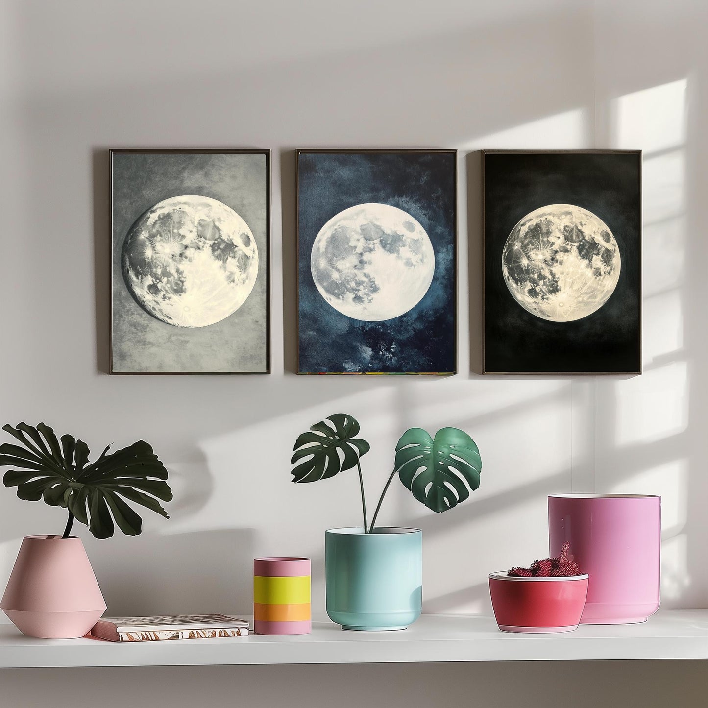 Glowing Full Moon Trio Set of Three Art Prints - 3 Luminous Moon Posters - Dark Blue Photo Wall Art Astronomy Space Gift V2