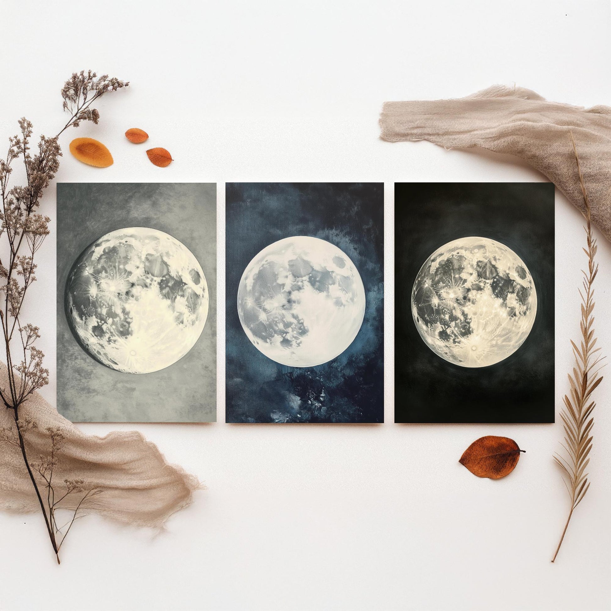 Glowing Full Moon Trio Set of Three Art Prints - 3 Luminous Moon Posters - Dark Blue Photo Wall Art Astronomy Space Gift V2