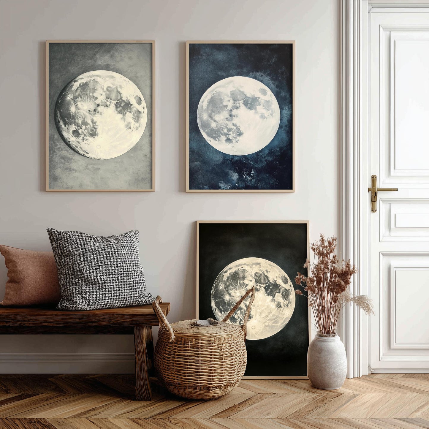 Glowing Full Moon Trio Set of Three Art Prints - 3 Luminous Moon Posters - Dark Blue Photo Wall Art Astronomy Space Gift V2