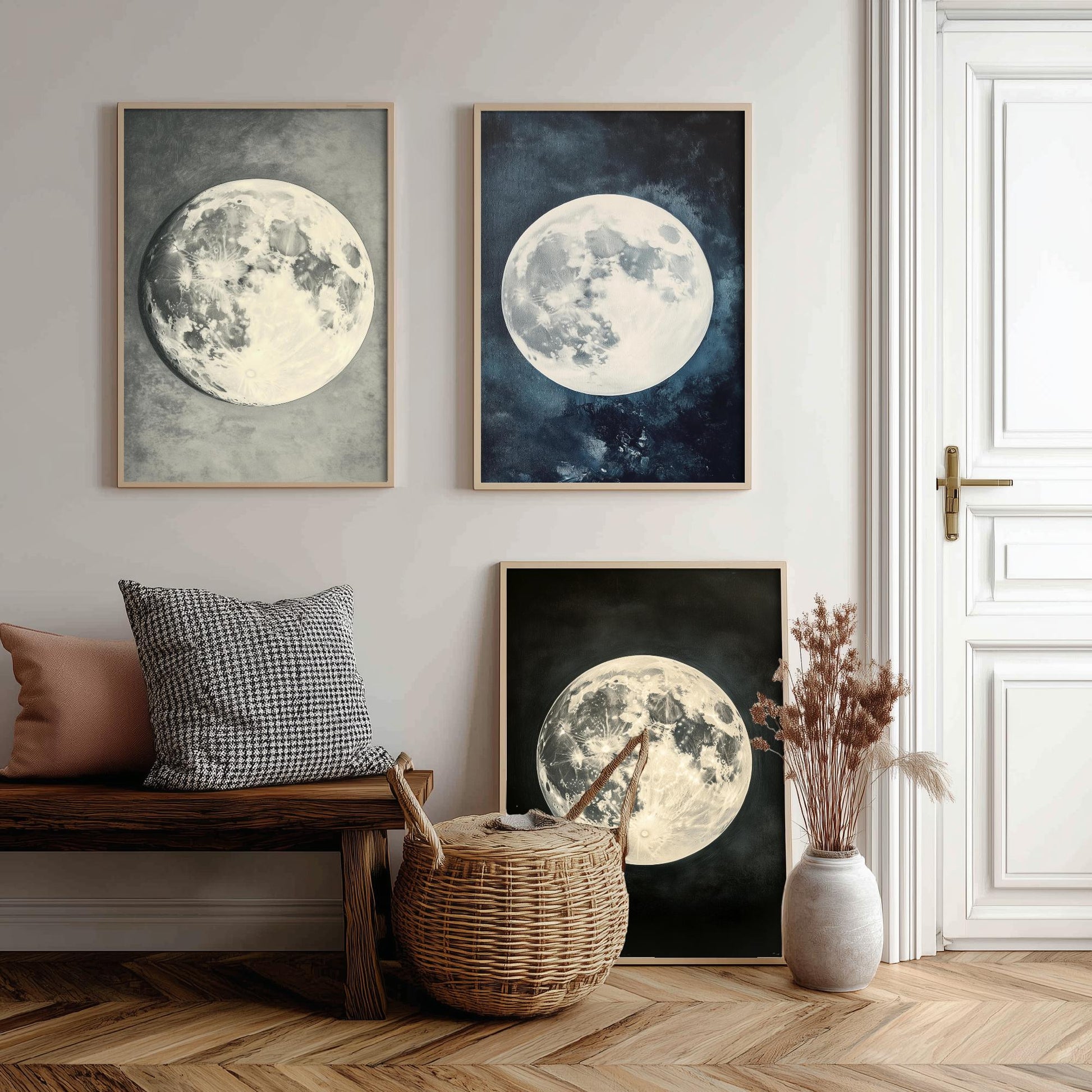 Glowing Full Moon Trio Set of Three Art Prints - 3 Luminous Moon Posters - Dark Blue Photo Wall Art Astronomy Space Gift V2