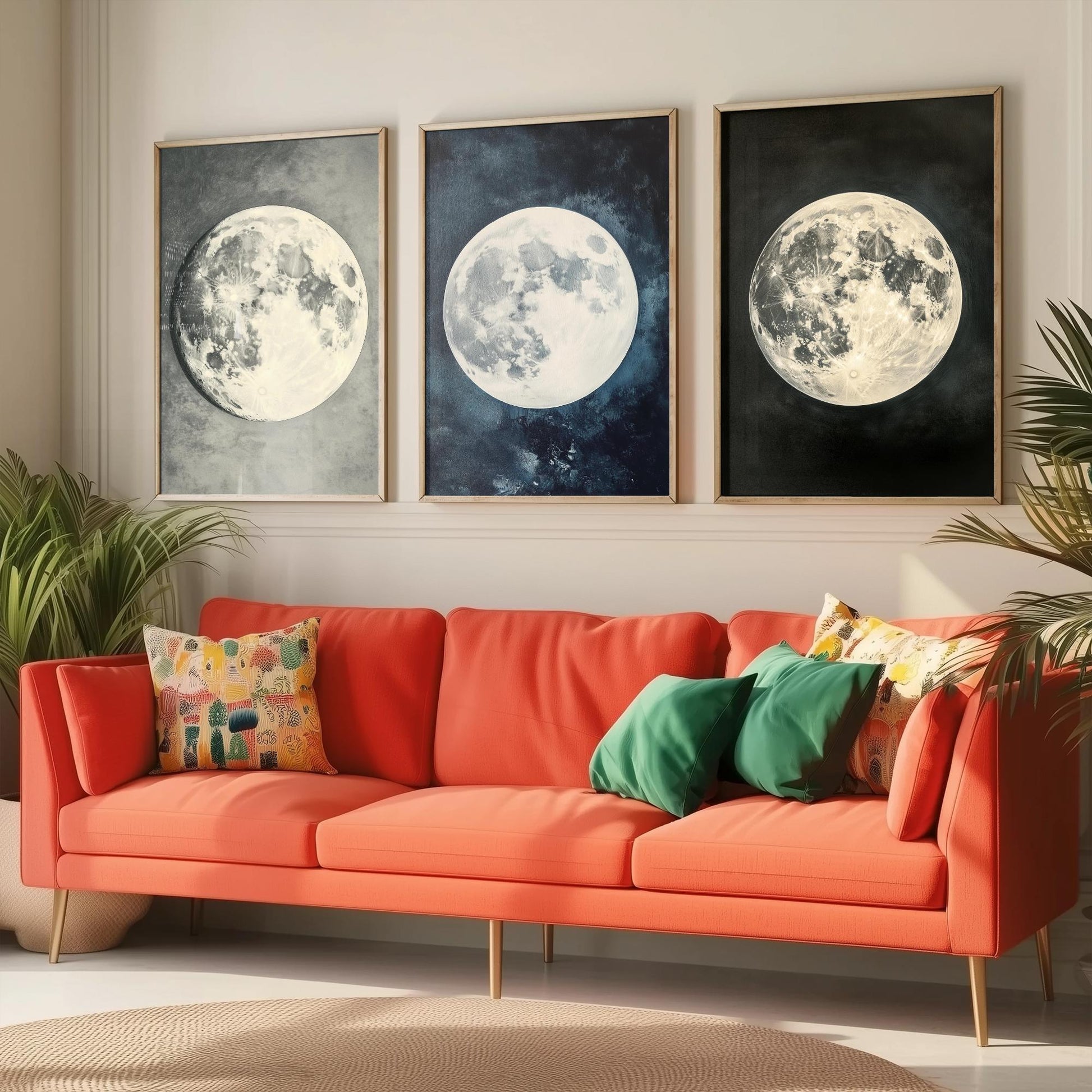 Glowing Full Moon Trio Set of Three Art Prints - 3 Luminous Moon Posters - Dark Blue Photo Wall Art Astronomy Space Gift V2