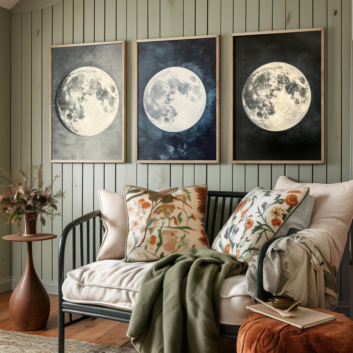 Glowing Full Moon Trio Set of Three Art Prints - 3 Luminous Moon Posters - Dark Blue Photo Wall Art Astronomy Space Gift V2