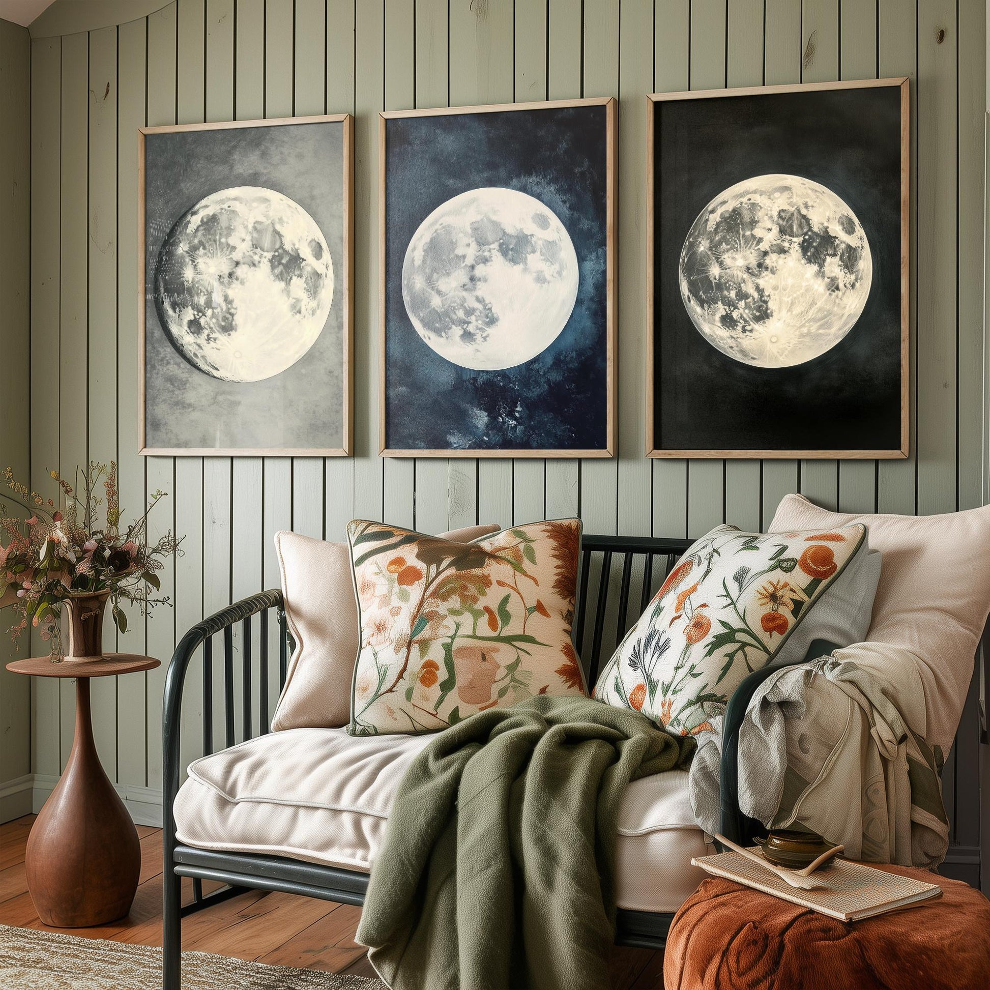 Glowing Full Moon Trio Set of Three Art Prints - 3 Luminous Moon Posters - Dark Blue Photo Wall Art Astronomy Space Gift V2