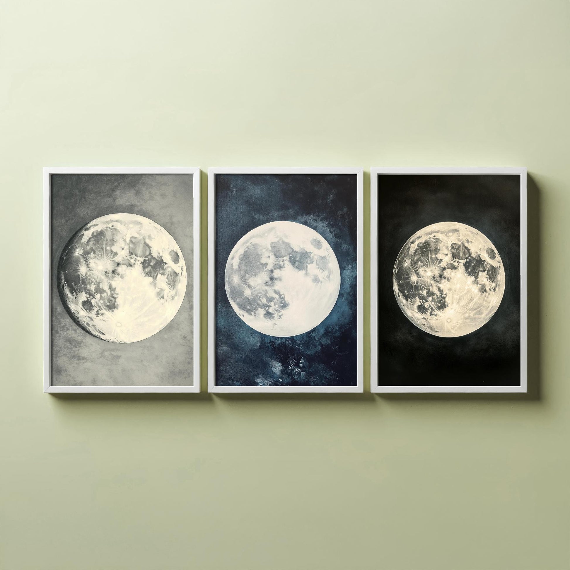 Glowing Full Moon Trio Set of Three Art Prints - 3 Luminous Moon Posters - Dark Blue Photo Wall Art Astronomy Space Gift V2