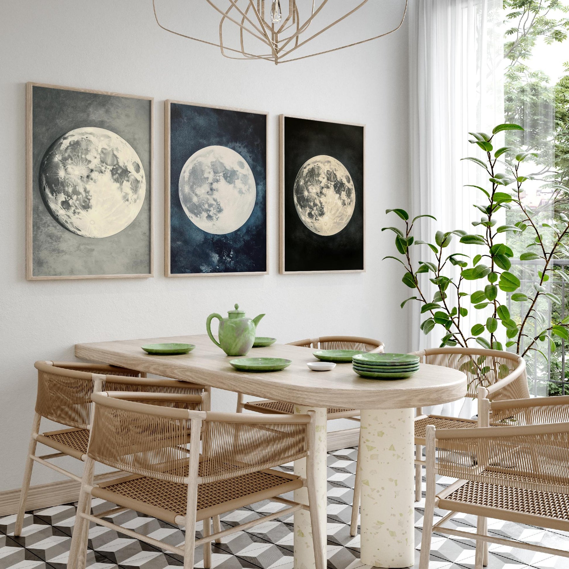 Glowing Full Moon Trio Set of Three Art Prints - 3 Luminous Moon Posters - Dark Blue Photo Wall Art Astronomy Space Gift V2