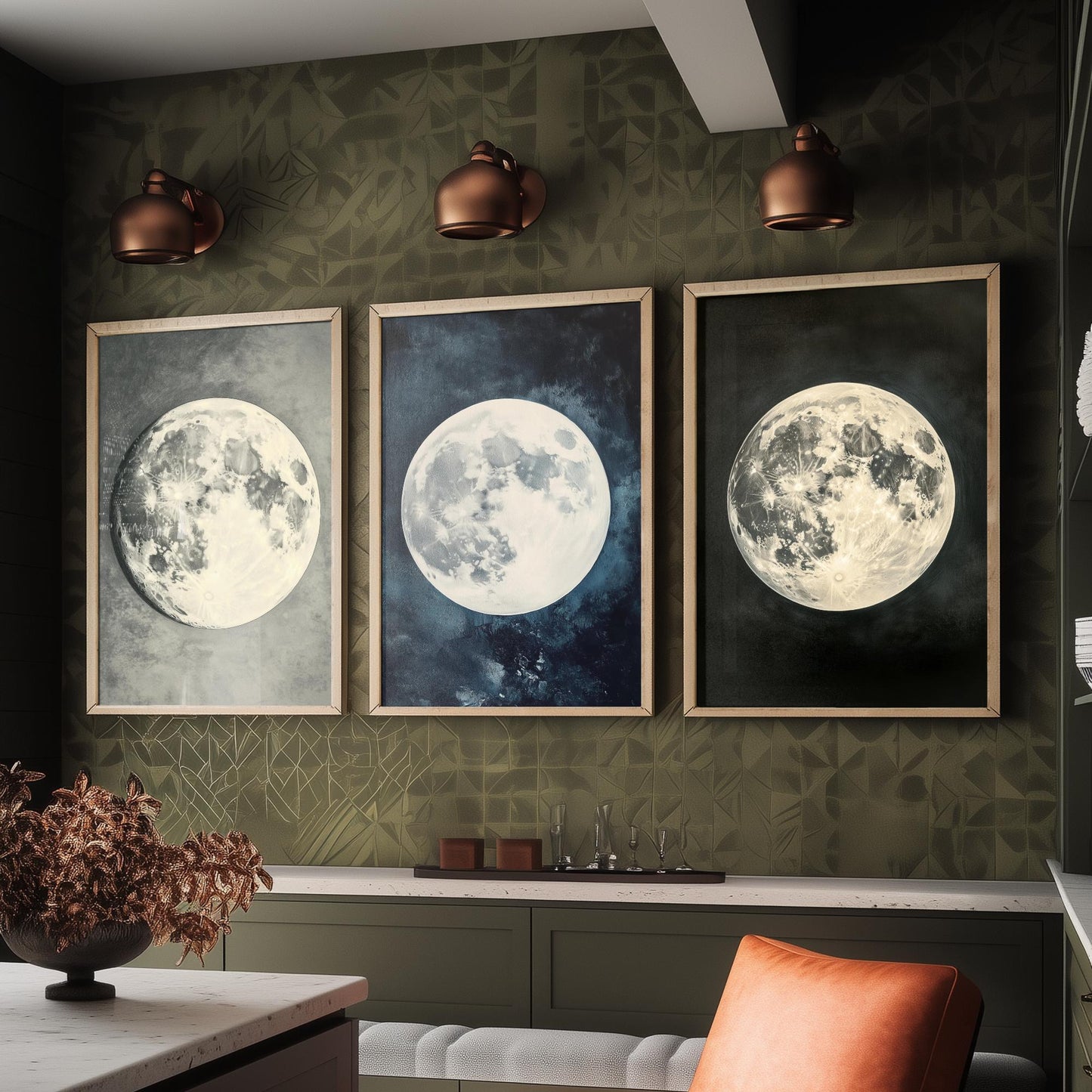 Glowing Full Moon Trio Set of Three Art Prints - 3 Luminous Moon Posters - Dark Blue Photo Wall Art Astronomy Space Gift V2