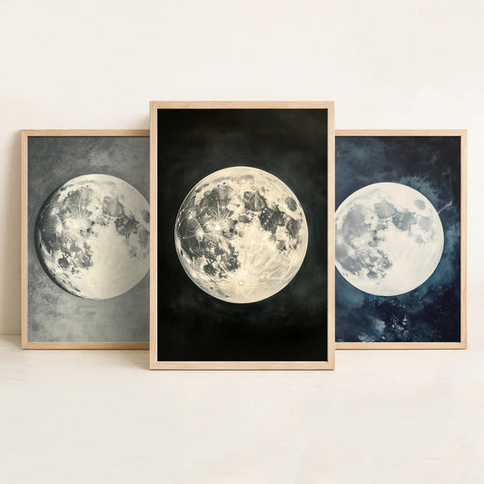 Glowing Full Moon Trio Set of Three Art Prints - 3 Luminous Moon Posters - Dark Blue Photo Wall Art Astronomy Space Gift V2
