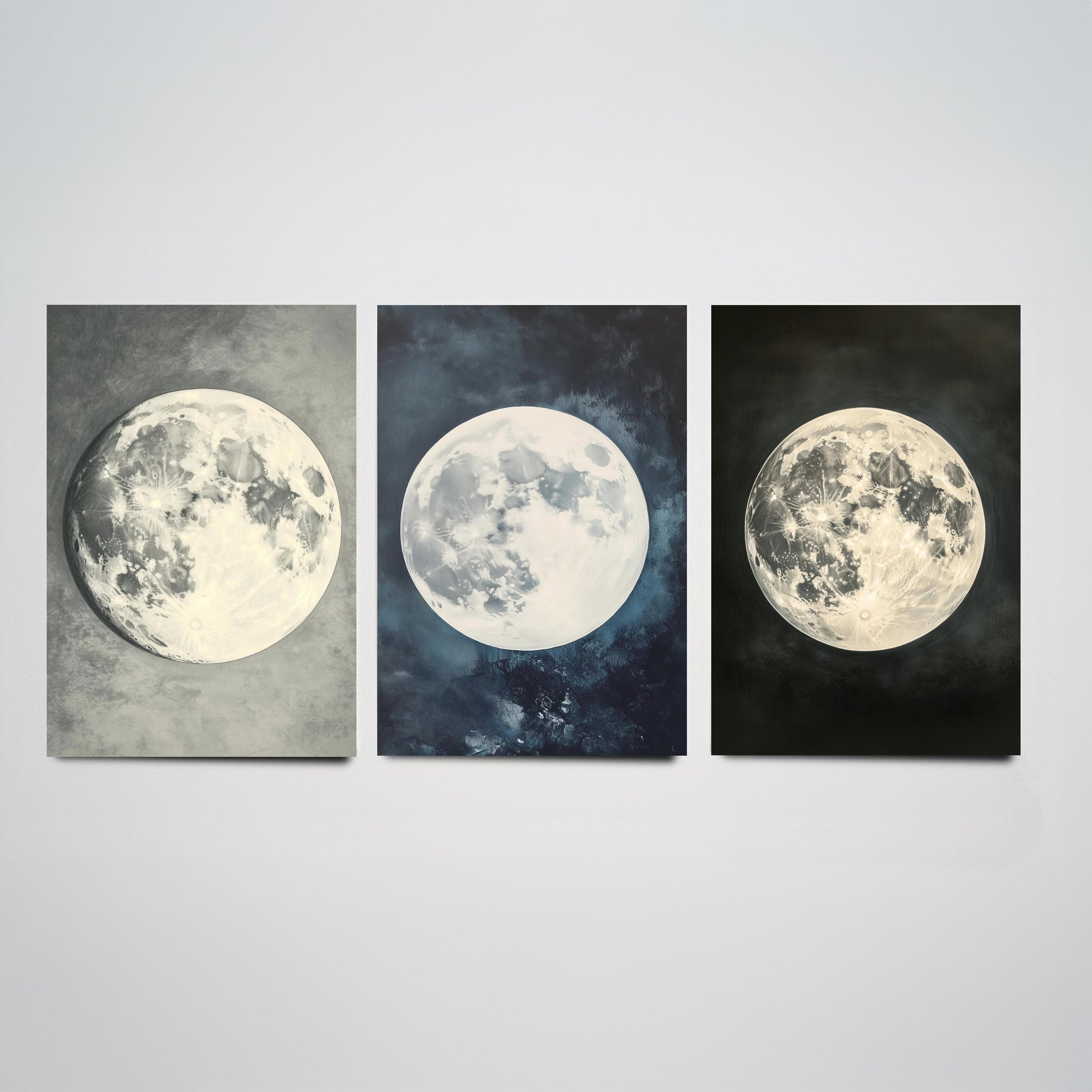 Glowing Full Moon Trio Set of Three Art Prints - 3 Luminous Moon Posters - Dark Blue Photo Wall Art Astronomy Space Gift V2
