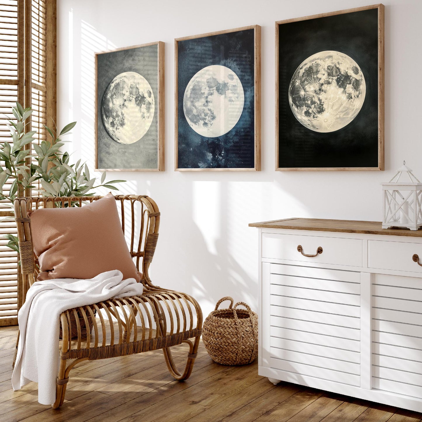 Glowing Full Moon Trio Set of Three Art Prints - 3 Luminous Moon Posters - Dark Blue Photo Wall Art Astronomy Space Gift V2