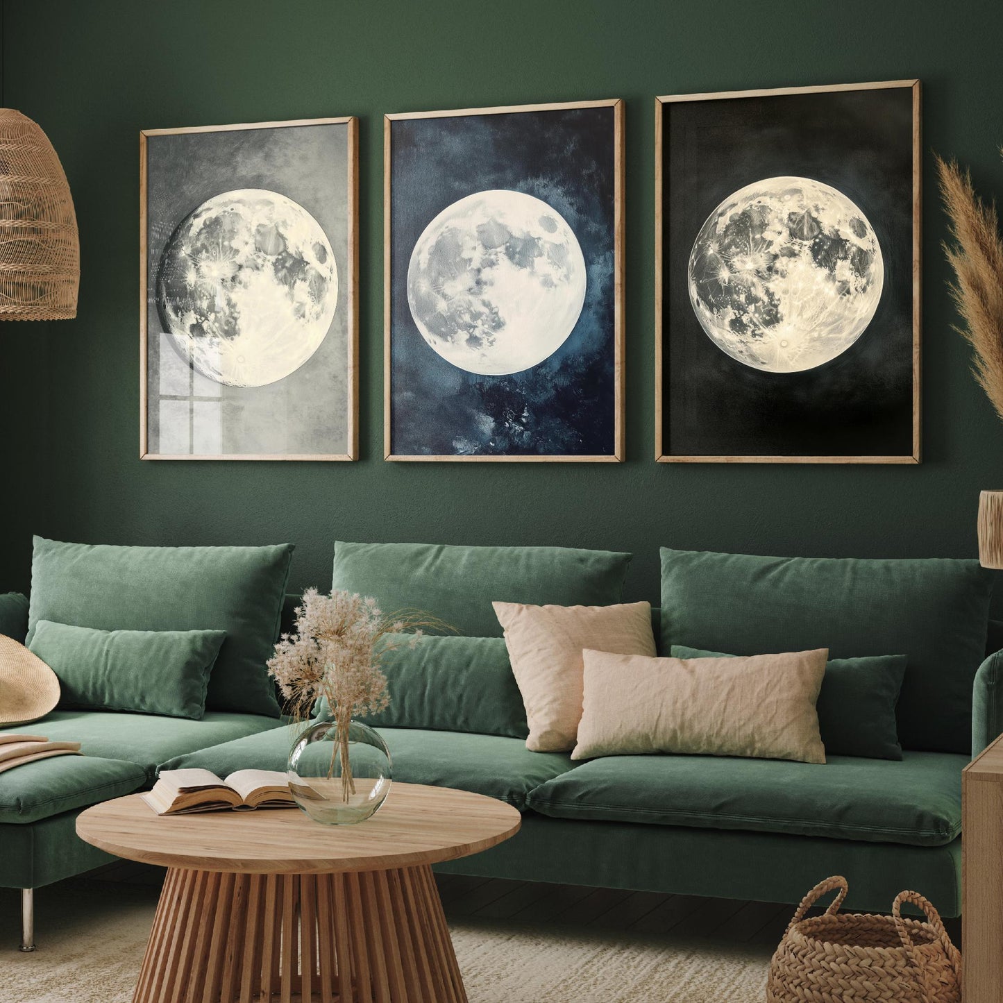 Glowing Full Moon Trio Set of Three Art Prints - 3 Luminous Moon Posters - Dark Blue Photo Wall Art Astronomy Space Gift V2