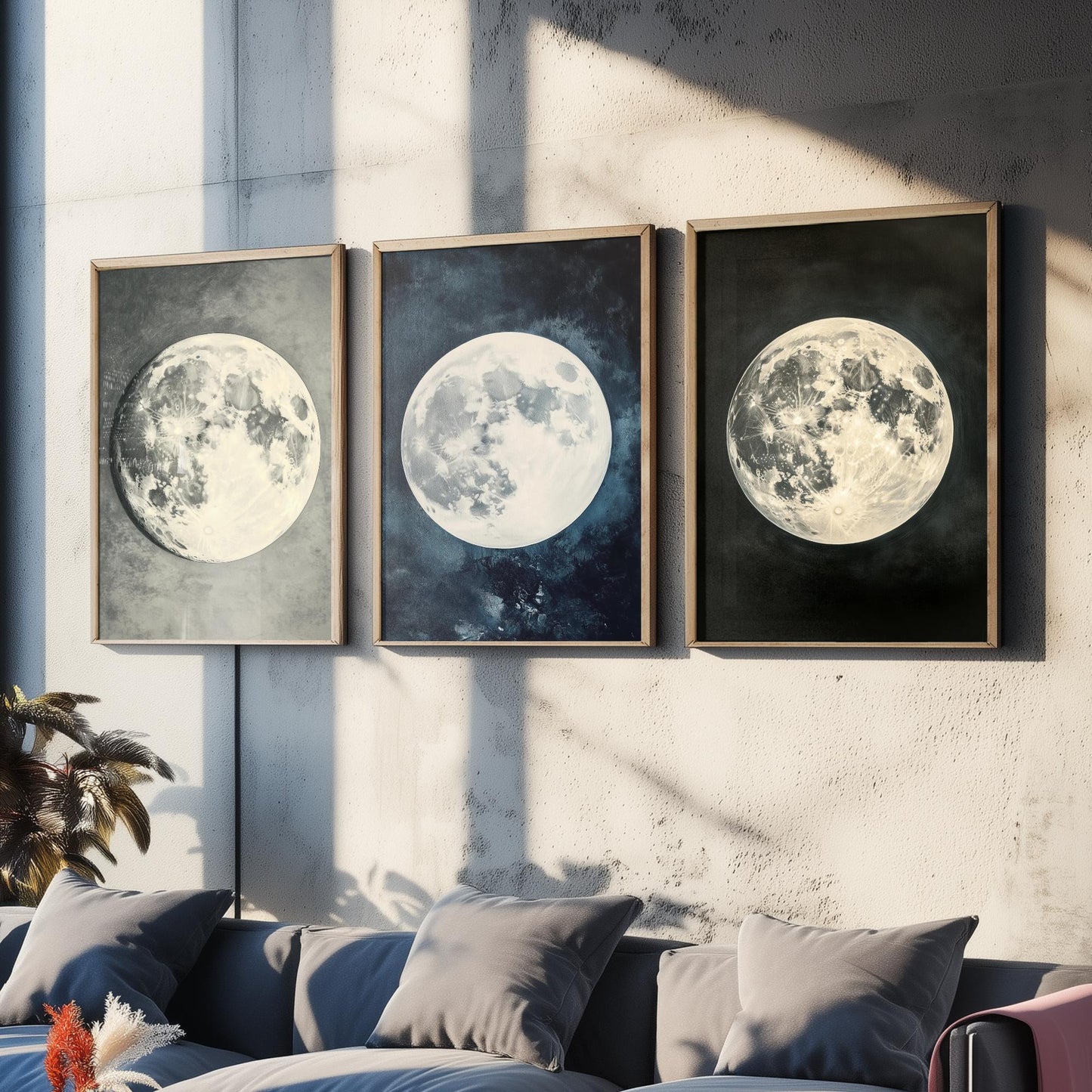 Glowing Full Moon Trio Set of Three Art Prints - 3 Luminous Moon Posters - Dark Blue Photo Wall Art Astronomy Space Gift V2