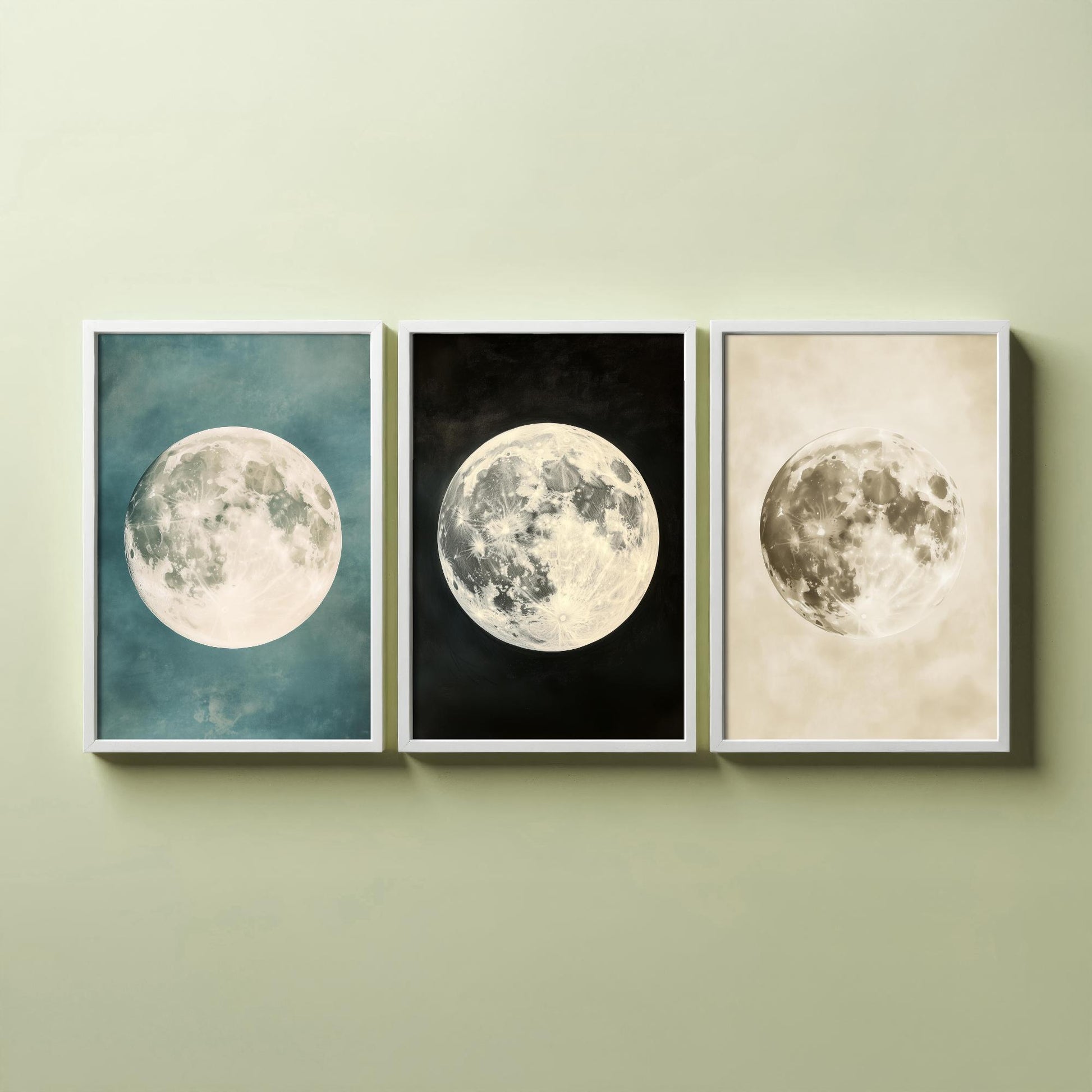 Full Moon Set of Three Art Prints - 3 Realistic Lunar Moons Teal Black Sepia Sky - Celestial Poster Photo Gift Astronomy V3