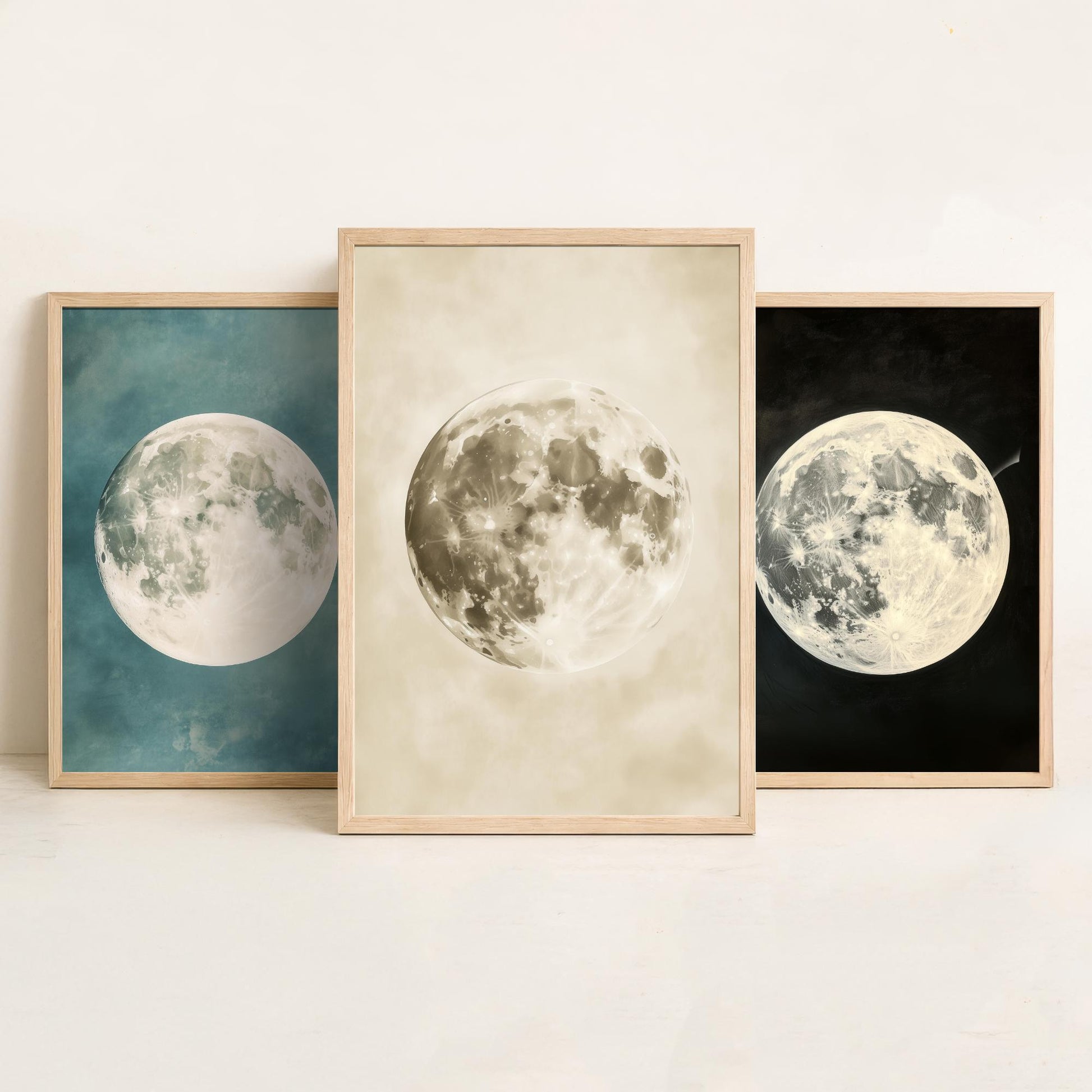 Full Moon Set of Three Art Prints - 3 Realistic Lunar Moons Teal Black Sepia Sky - Celestial Poster Photo Gift Astronomy V3