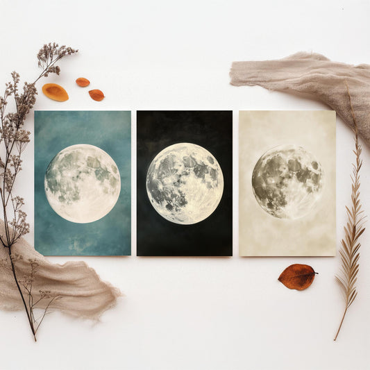 Full Moon Set of Three Art Prints - 3 Realistic Lunar Moons Teal Black Sepia Sky - Celestial Poster Photo Gift Astronomy V3