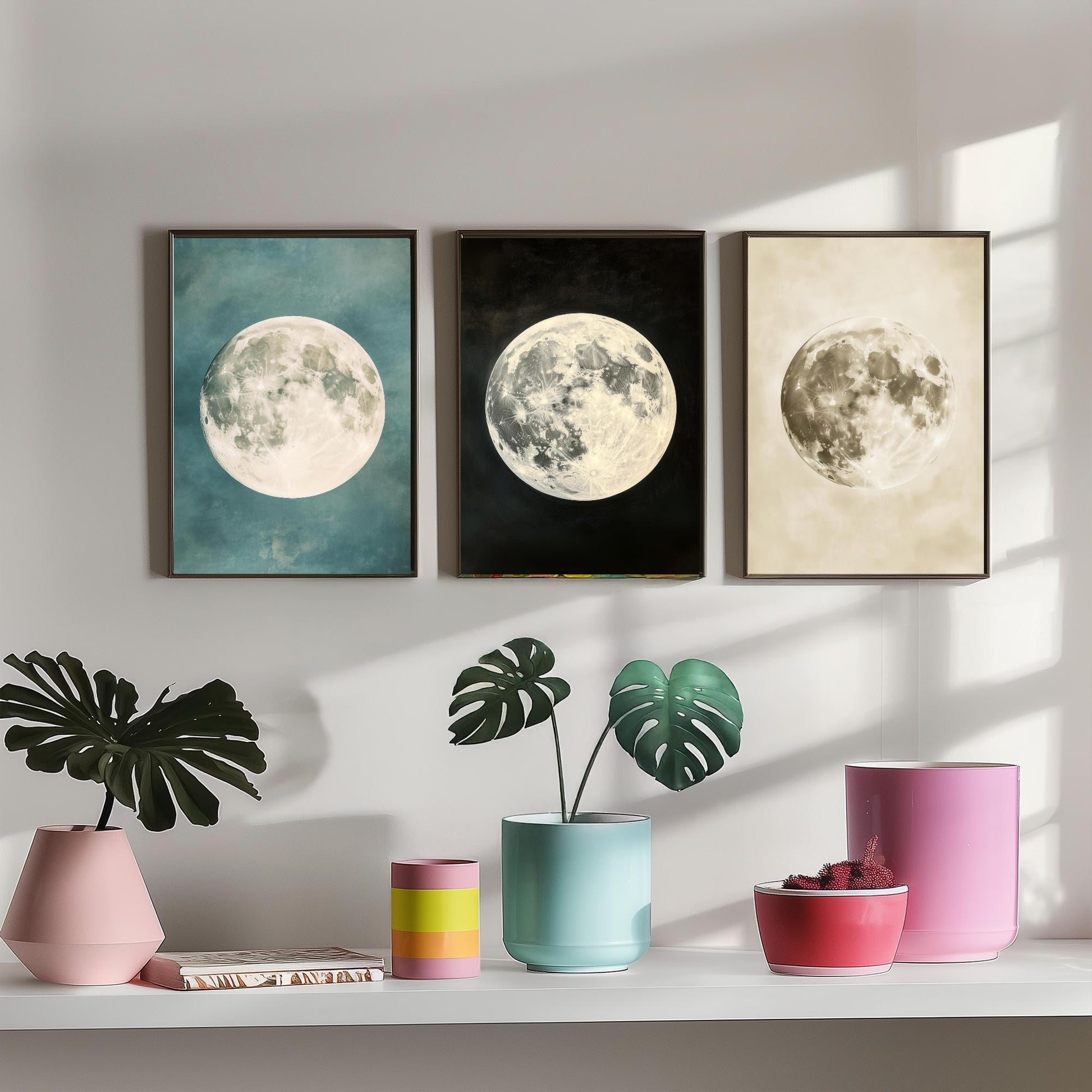 Full Moon Set of Three Art Prints - 3 Realistic Lunar Moons Teal Black Sepia Sky - Celestial Poster Photo Gift Astronomy V3