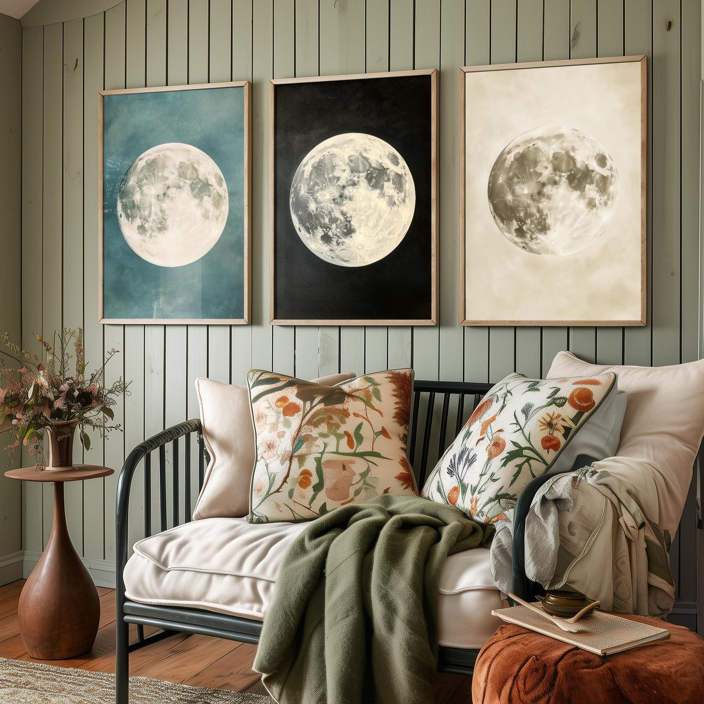 Full Moon Set of Three Art Prints - 3 Realistic Lunar Moons Teal Black Sepia Sky - Celestial Poster Photo Gift Astronomy V3
