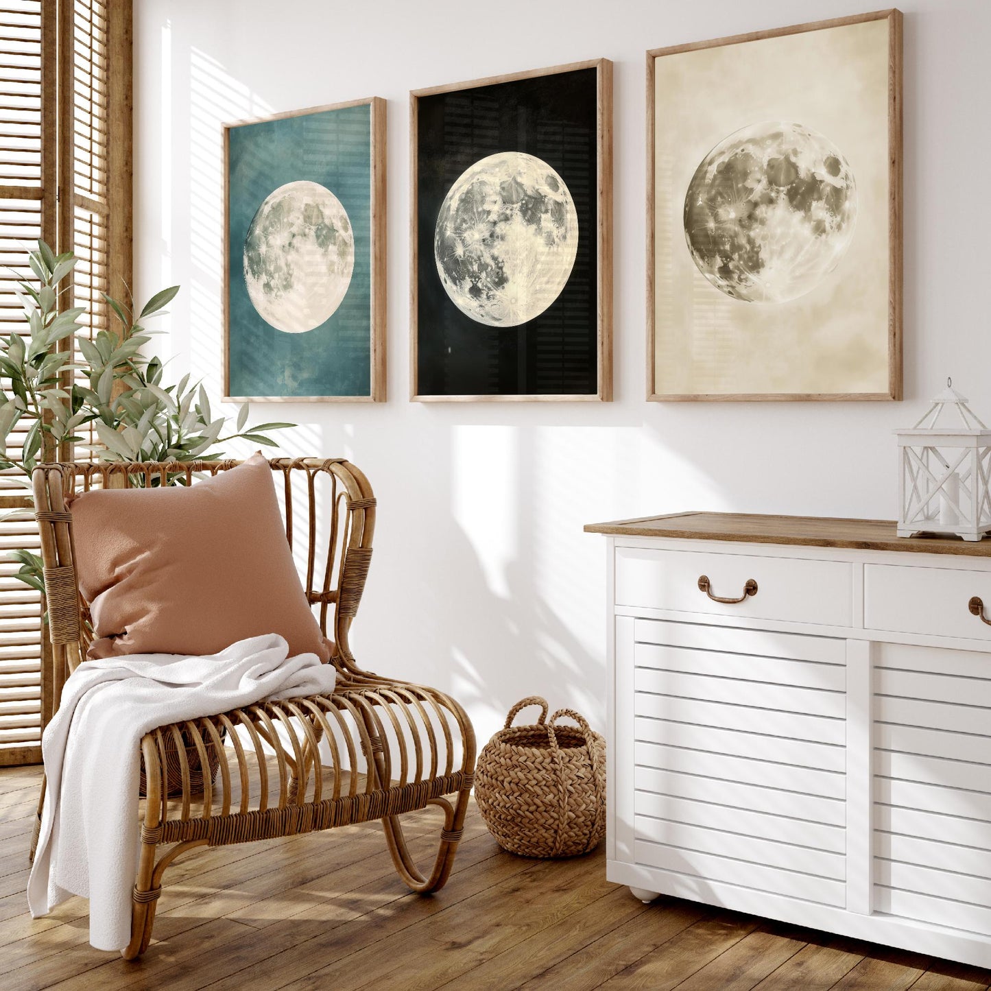 Full Moon Set of Three Art Prints - 3 Realistic Lunar Moons Teal Black Sepia Sky - Celestial Poster Photo Gift Astronomy V3