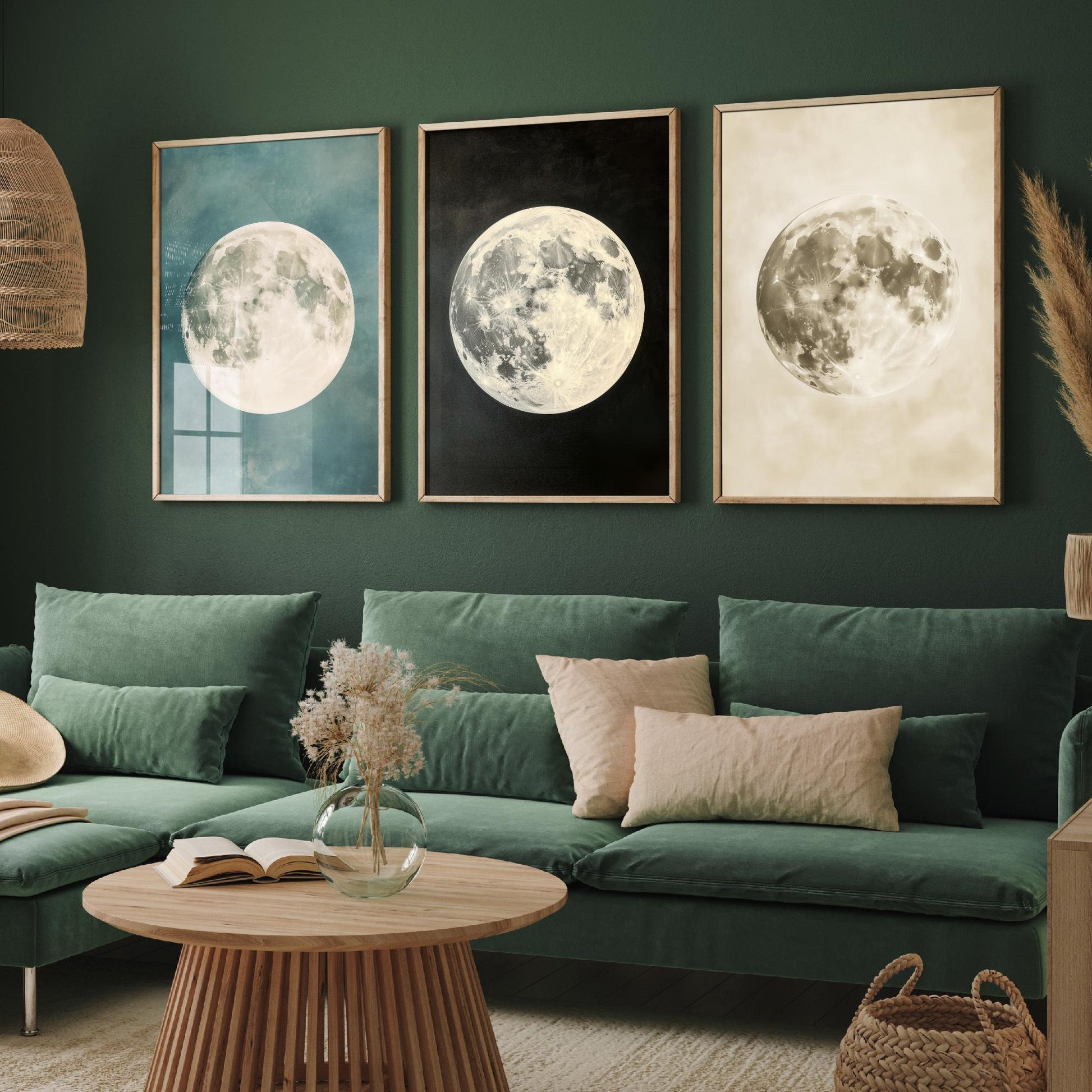 Full Moon Set of Three Art Prints - 3 Realistic Lunar Moons Teal Black Sepia Sky - Celestial Poster Photo Gift Astronomy V3