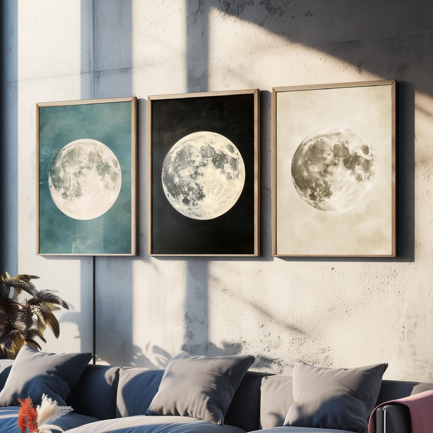 Full Moon Set of Three Art Prints - 3 Realistic Lunar Moons Teal Black Sepia Sky - Celestial Poster Photo Gift Astronomy V3