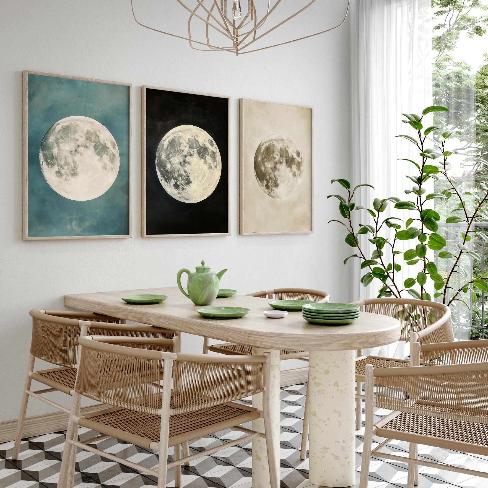 Full Moon Set of Three Art Prints - 3 Realistic Lunar Moons Teal Black Sepia Sky - Celestial Poster Photo Gift Astronomy V3