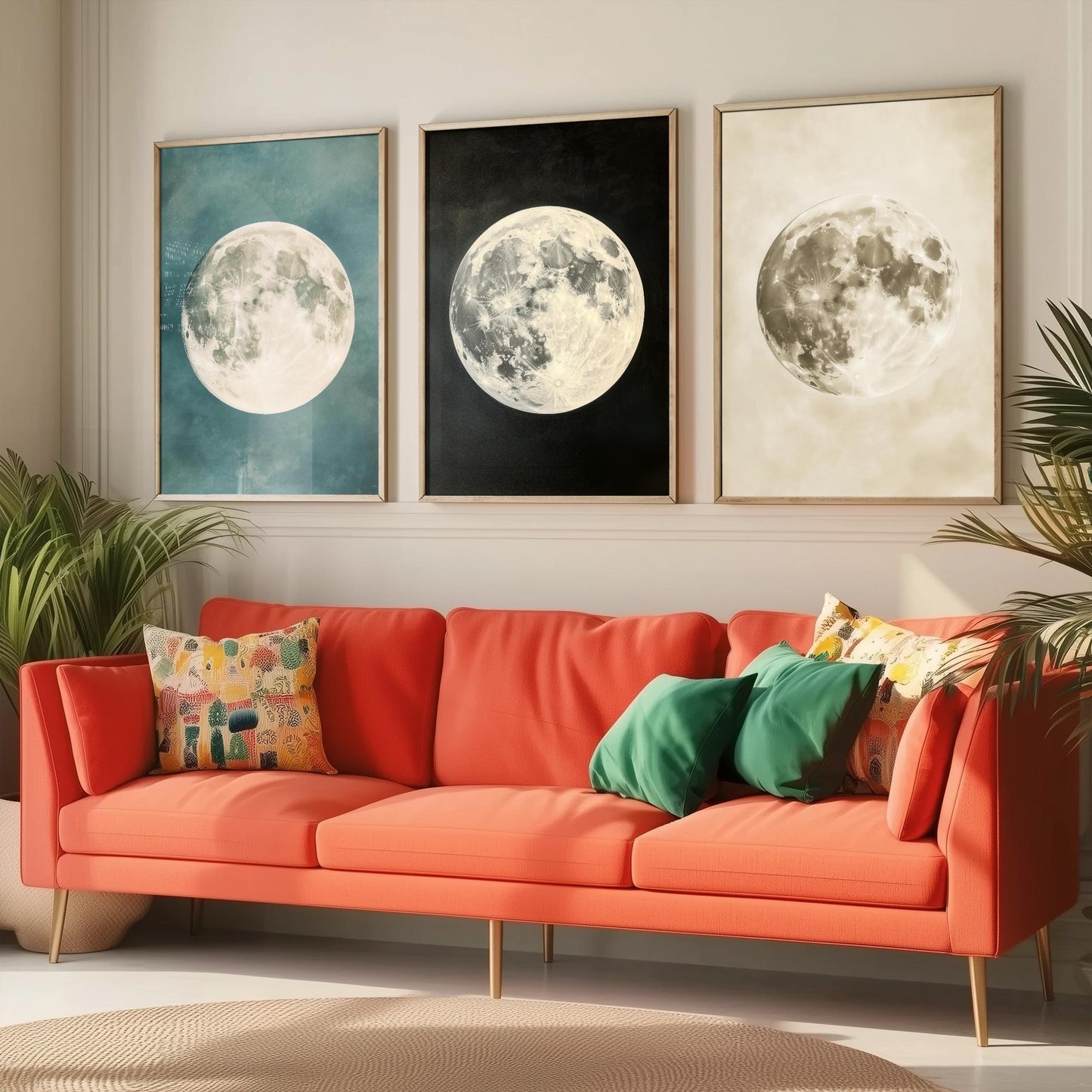 Full Moon Set of Three Art Prints - 3 Realistic Lunar Moons Teal Black Sepia Sky - Celestial Poster Photo Gift Astronomy V3