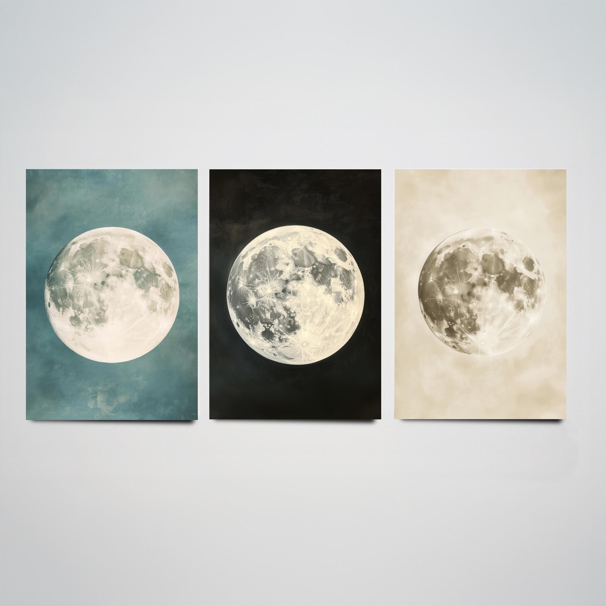 Full Moon Set of Three Art Prints - 3 Realistic Lunar Moons Teal Black Sepia Sky - Celestial Poster Photo Gift Astronomy V3