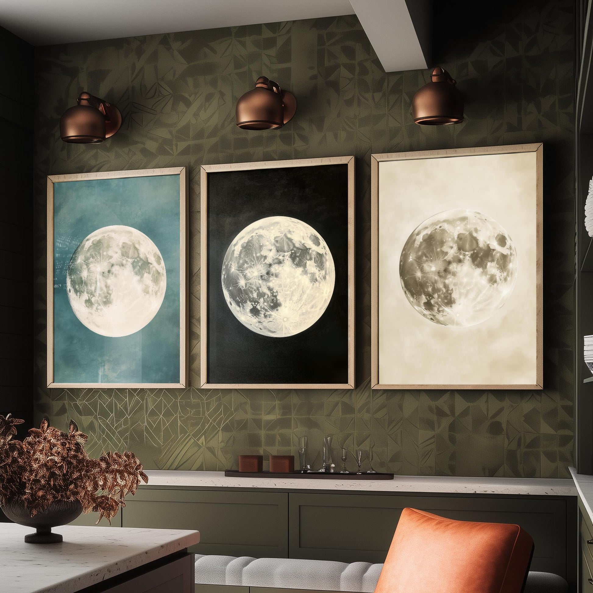 Full Moon Set of Three Art Prints - 3 Realistic Lunar Moons Teal Black Sepia Sky - Celestial Poster Photo Gift Astronomy V3